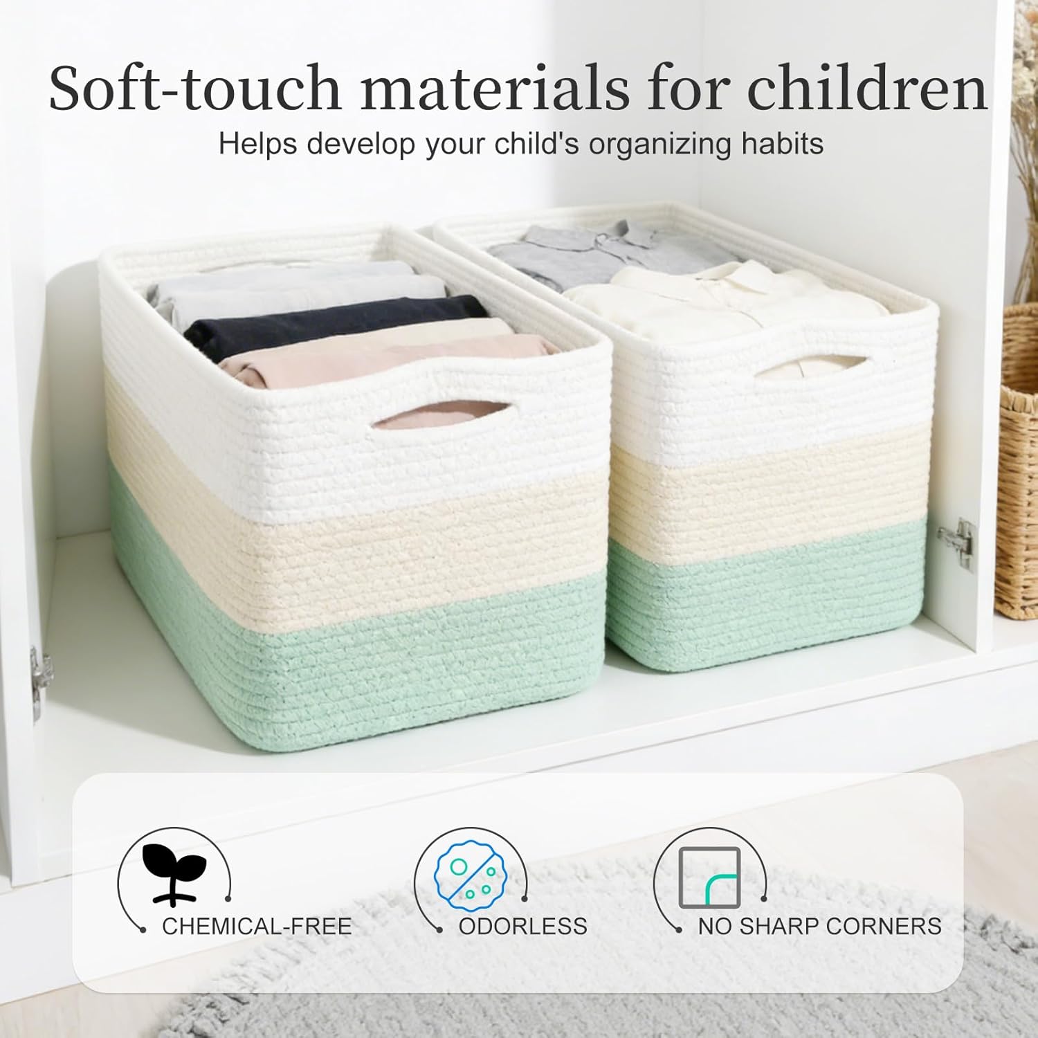 Hopegiver 3 Pack Rainbow Woven Storage Baskets for Shelves, 15x11x10 Inch Cotton Rope Decorative Organizer Bins for Blanket Clothes Book Baby Pet, Colorful Toy Basket for Nursery, Kids Room, Playroom