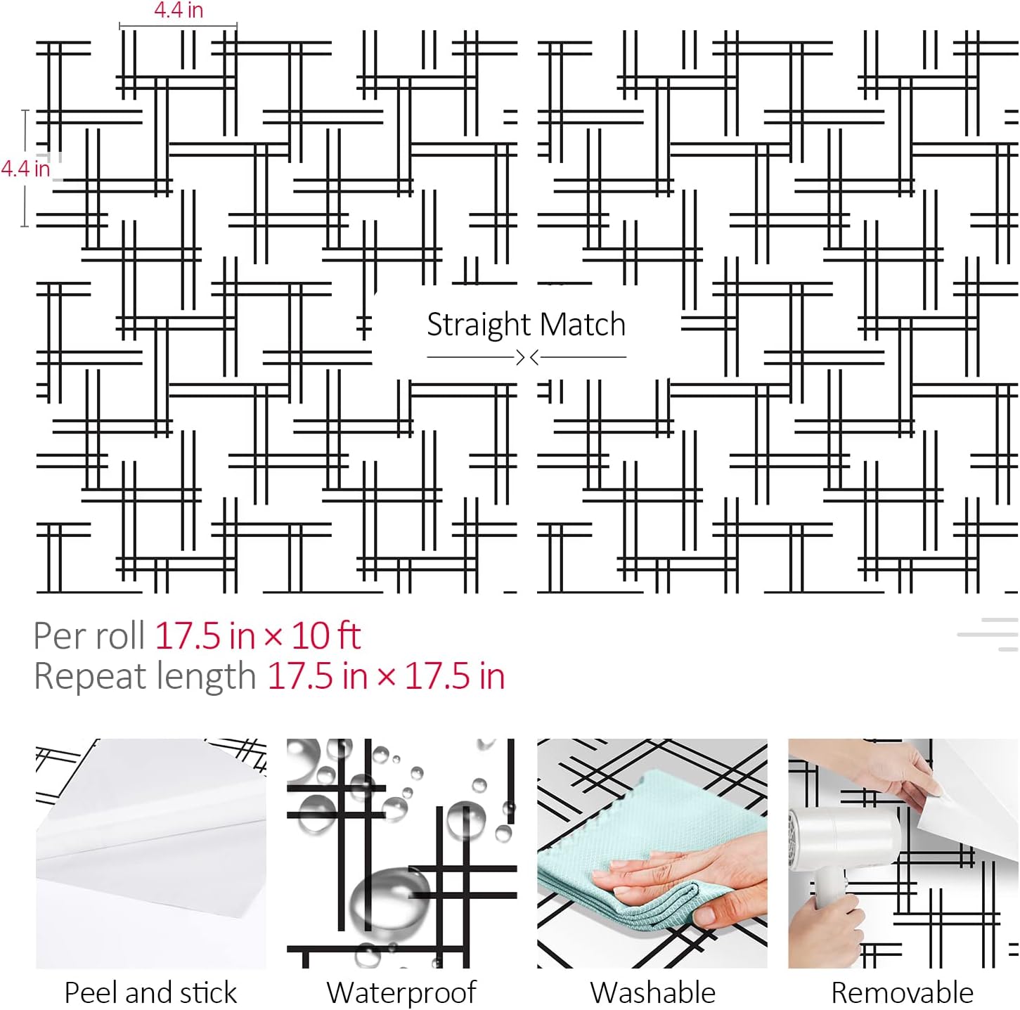 ReWallpaper Modern Geometric Peel and Stick Wallpaper Black and White Line Wall Paper Removable Stick On Wallpaper for Bathroom 17.5in X 10ft Black & White Contact Paper for Cabinets Laundry Room