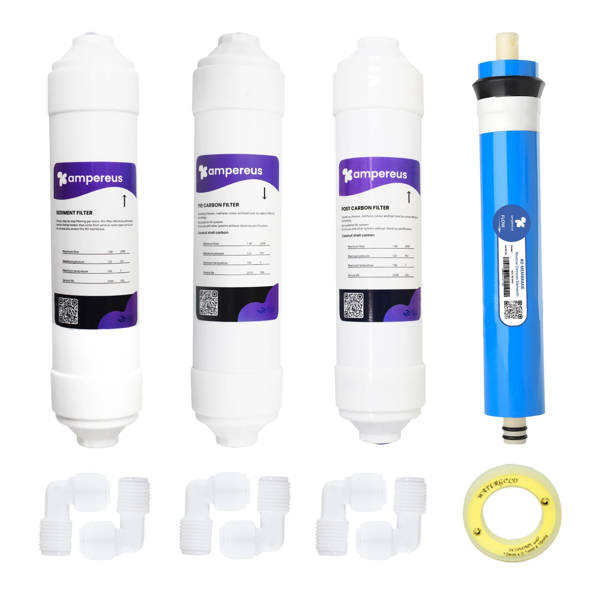 AMPEREUS® RO Water Filter Kit | Pre Carbon, Post Carbon, Sediment Filter & 80 GPD Membrane | Complete Replacement Filter Set for RO Water Purifiers – Clean & Safe Drinking Water