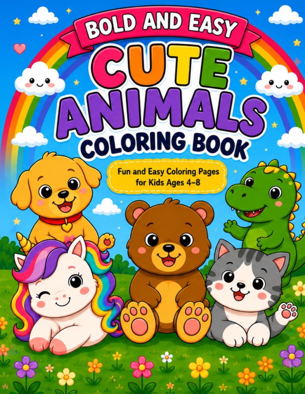 Bold and Easy Cute Animals Coloring Book for Kids Ages 4–8: Fun and Simple Coloring Pages with Puppies, Dinosaurs, Unicorns, Bears, and More