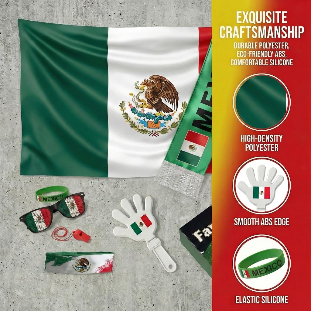 Soccer Fan Gear Set 2026-7 Piece Game Day Kit with Flag, Scarf, Glasses, Whistle, Clapper, Wristband & Headband in Gift Box - Watch Party & Stadium Essentials for Mexico - 2