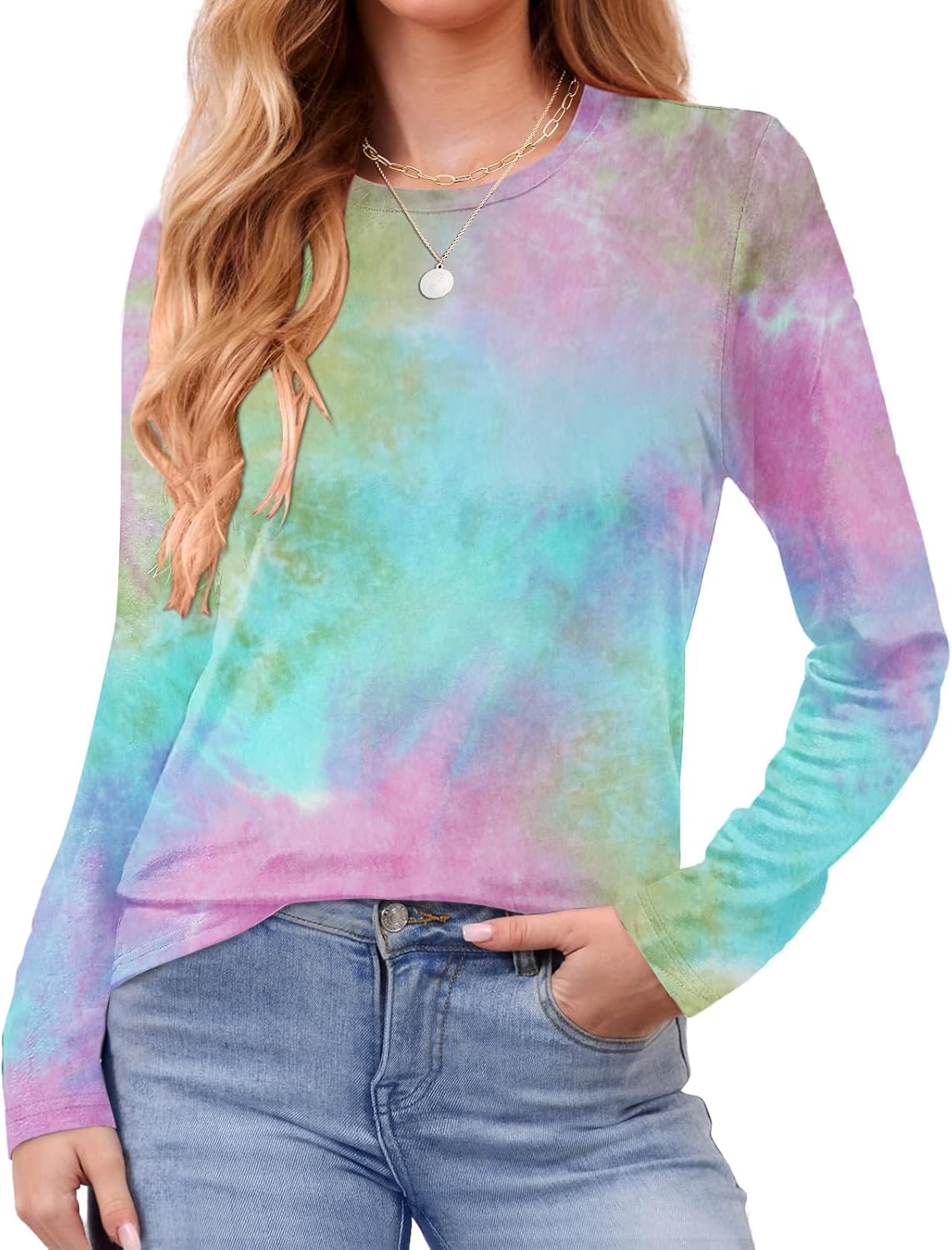 Elesomo Women's Long Sleeve T-Shirts Crew Neck Casual Tie Dye Shirt Basic Tee Tops