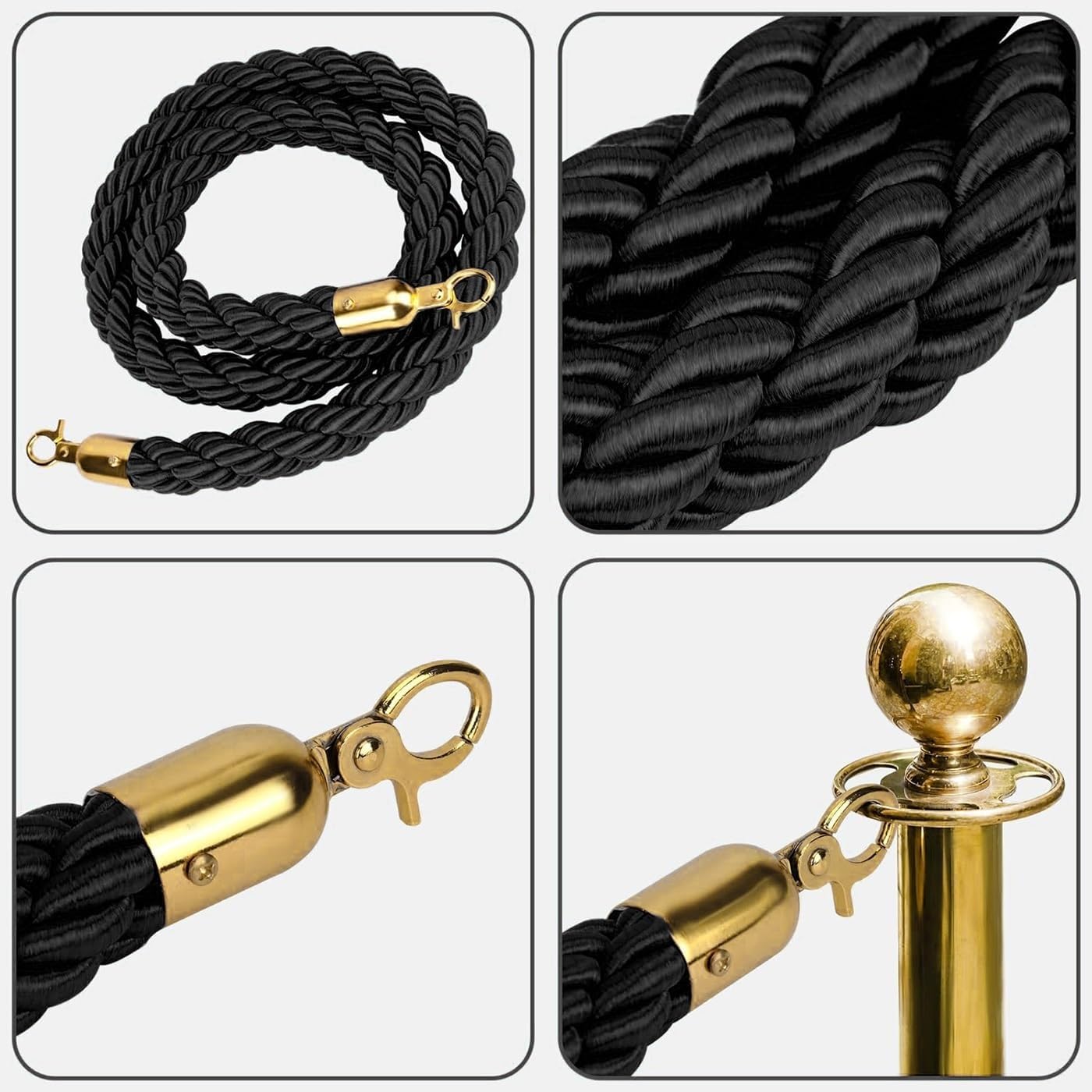 Lot de 4 cordes torsadées en nylon noir de 3,4 m avec crochets polis – Barrières de contrôle de la foule durables pour événements, festivals et gestion des files d'attente