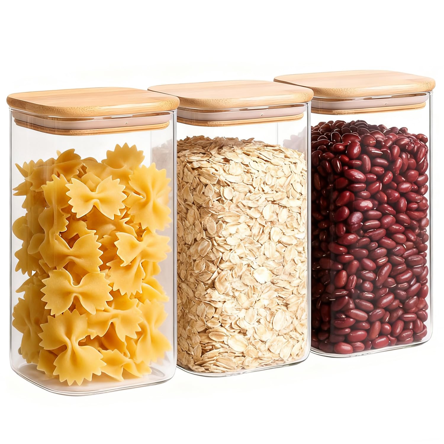 ComSaf 1.3L Glass Containers with Lids, Glass Storage Jars with Bamboo Lids Airtight, Clear Square Kitchen Canister Set of 3, Pantry Organizers and Storage for Flour Oat Pasta Tea Coffee Bean