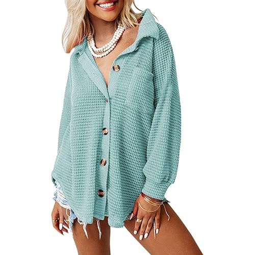 Dokotoo Womens Waffle Knit Shacket Jacket Casual Long Sleeve Button Down Shirts Dressy Blouses Tops