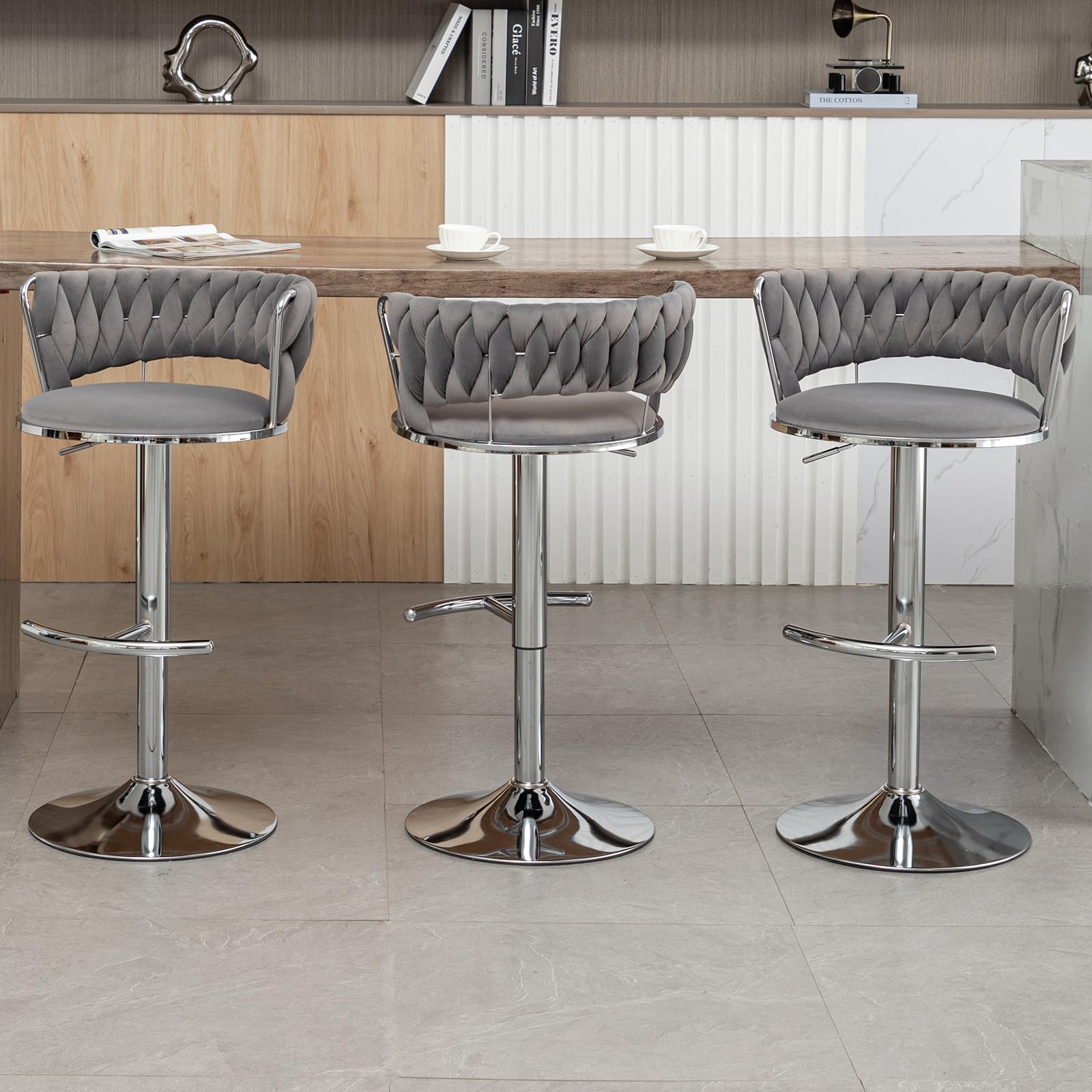 Reyxzoe Velvet Bar Stools Set of 3, Modern Swivel Barstools with Woven Backrest, Adjustable Counter Stools for Kitchen Island, Dining Room, Cafe, Pub
