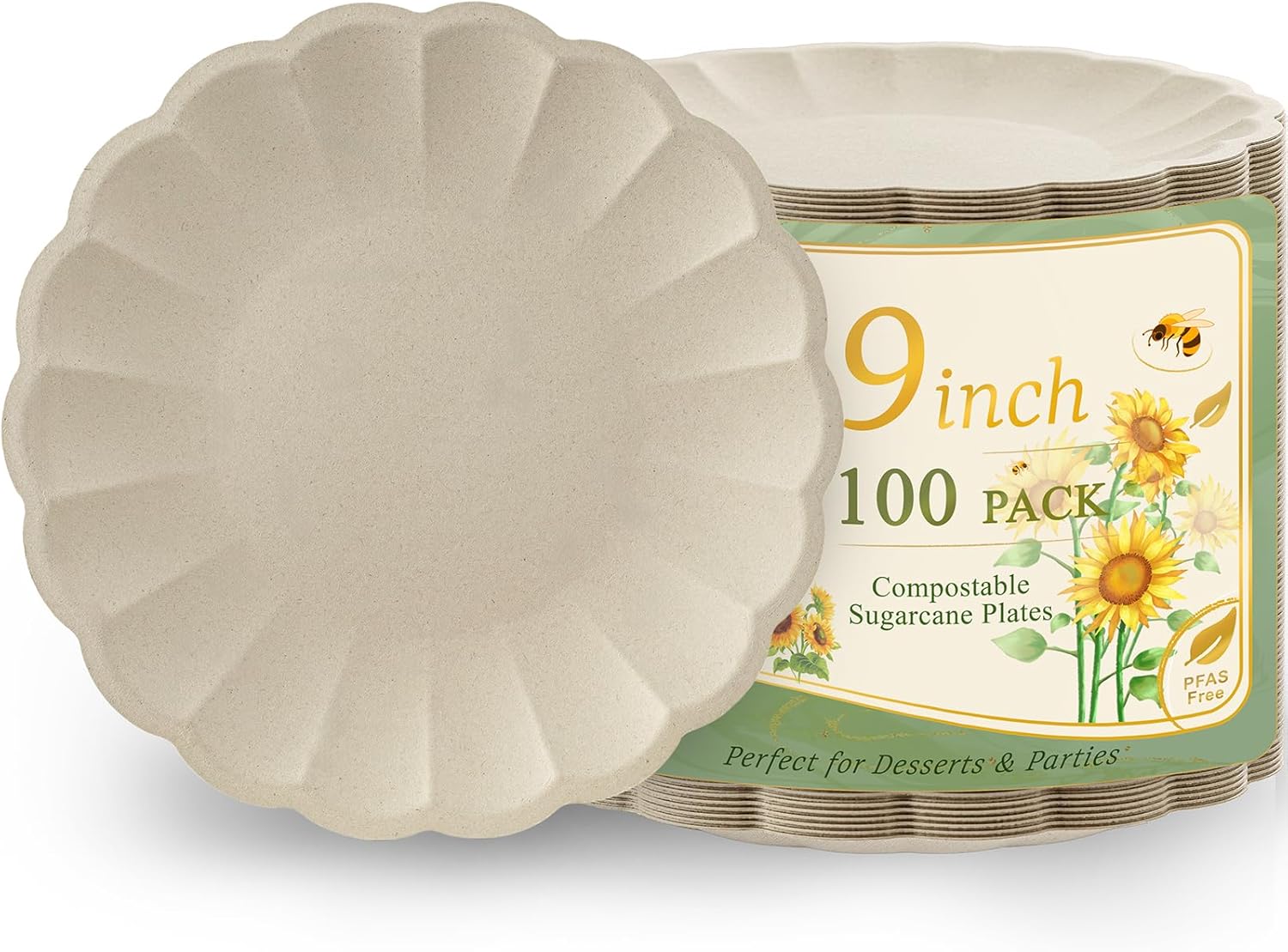 WELLIFE 100 Count 9 Inch Party Paper Plates - Compostable & Eco-Friendly, Natural Scalloped Plates Disposable Dinner Plates for Picnic,Birthday-100% Sugarcane,Leak Resistant