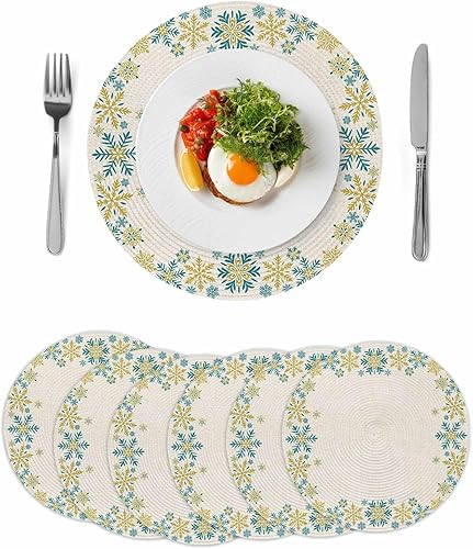Miniatura 16 de Christams Round Placemats Set of 6 Snowflake Table Mats for Dining Table Decor Gold Black Round Braided Placemats Heat Resistant Washable Woven