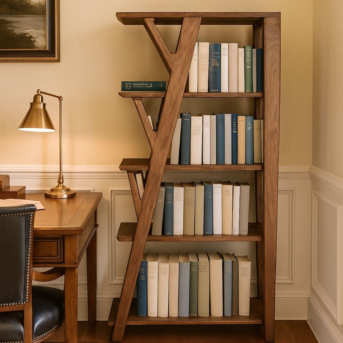 Liora Mango Wood Wooden Bookcase | Solid Mango Wood Ladder-Style Bookshelf | 4 Spacious Open Shelves Storage Unit | Flat Natural Finish Book Rack for Living Room, Study & Home Office