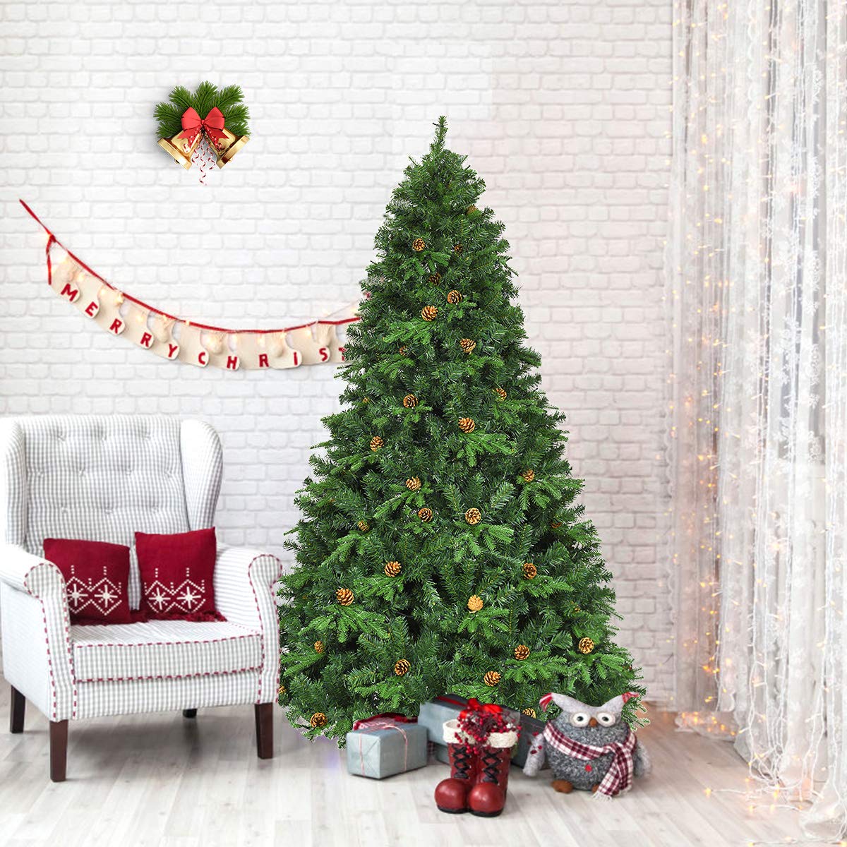 COSTWAY Albero di Natale 210/225/240 cm, Albero di Natale con 460/540/600 Luci a LED Bianco Caldo, 925/1125/1335 Rami e Pigne, Decorazione Natalizia per Casa e Negozio (210cm)