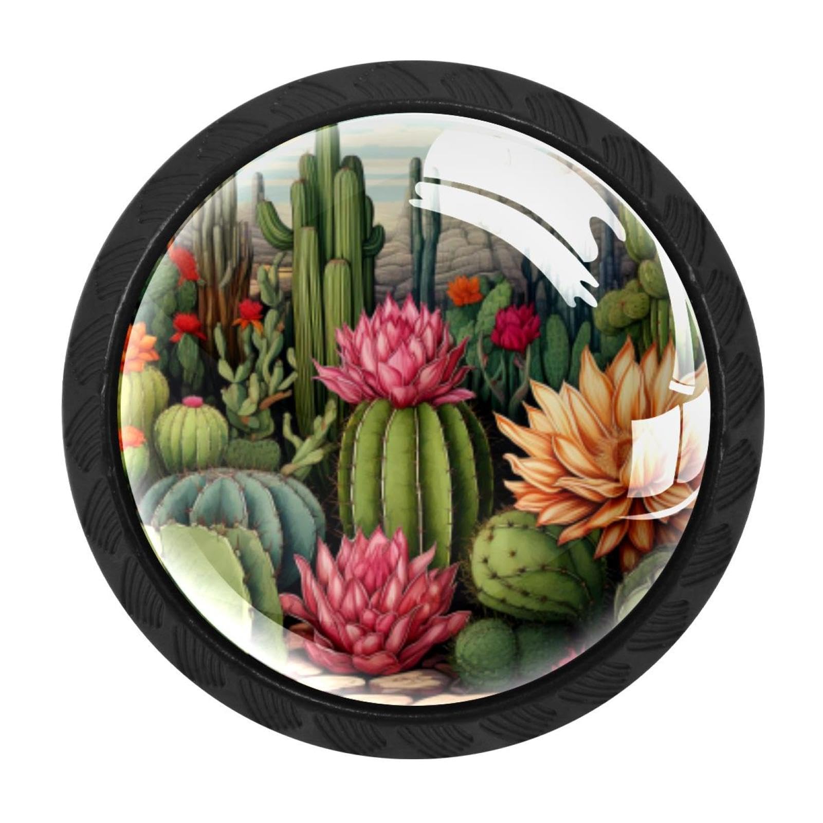 CHENZZZZ 4 Pack Drawer Knobs, Black Handle Dresser Drawer Pulls, Round Decoration Cabinet Hardware Pulls with Screws for Kitchen Cupboard Wardrobe, Cactus