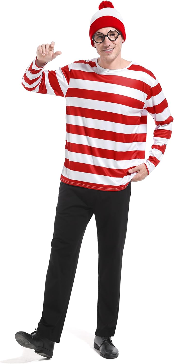 3 Pieces Men Halloween Costume Set, Adult Cosplay Costumes Red and White Striped Shirt with Hat and Nerd Glasses - Image 5