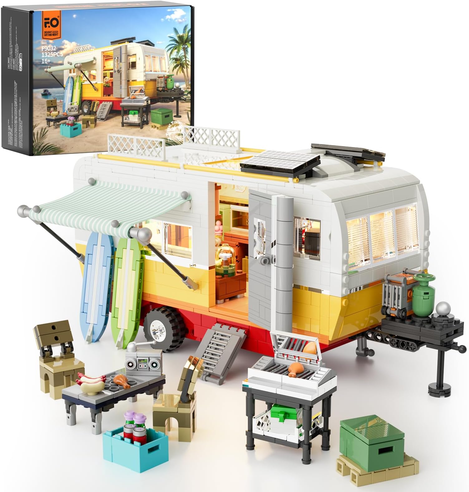 FUNWHOLE Travel Trailer Lighting Building-Bricks Set - Classic Camper Van for Beach LED Light Construction Model Sets 1325 Pieces Vehicle Kit for Adults and Teens