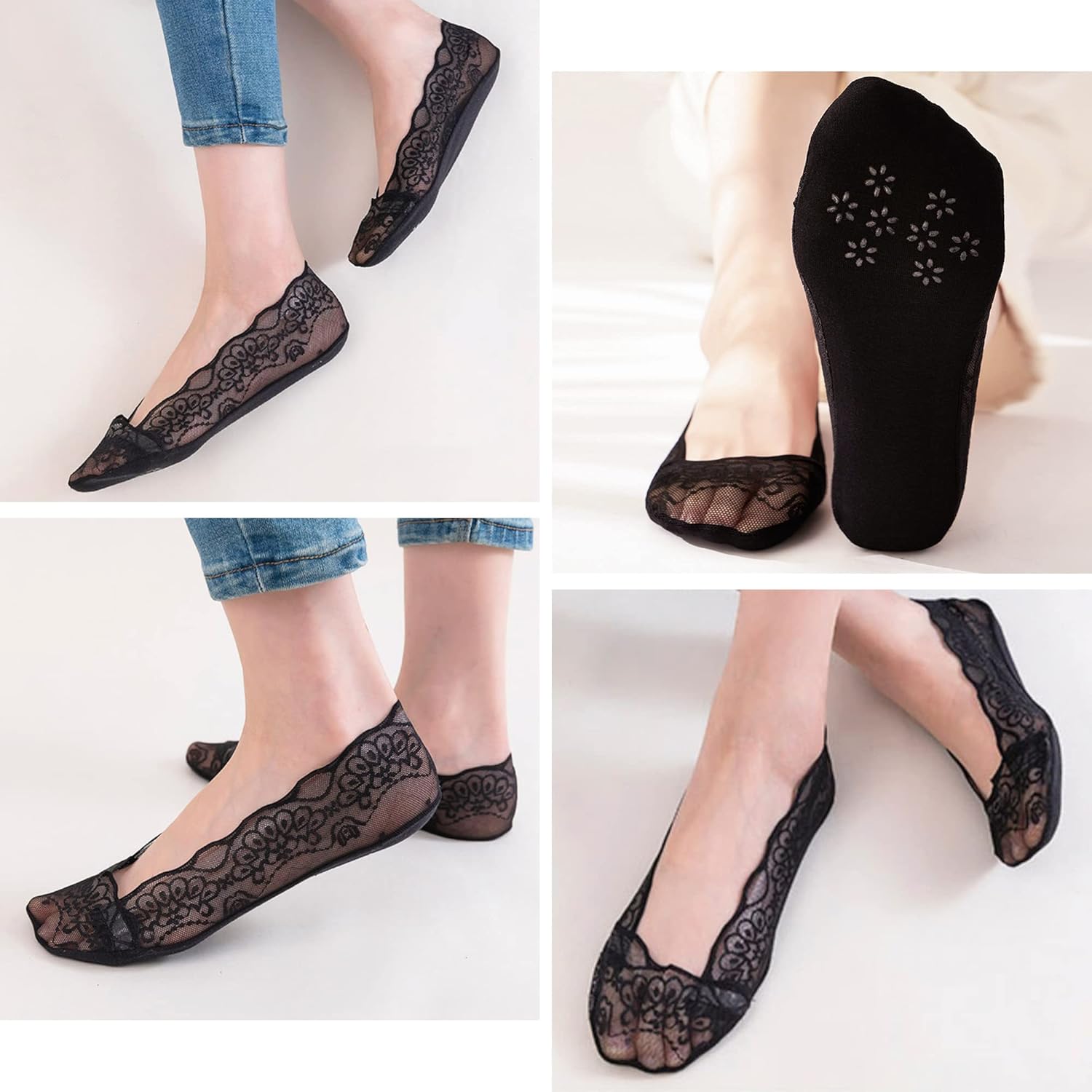 Women No Show Socks 6 Pairs Lace Socks Non Slip Invisible Socks for Women, Low Cut Womens Socks with Lace Trim - Image 2