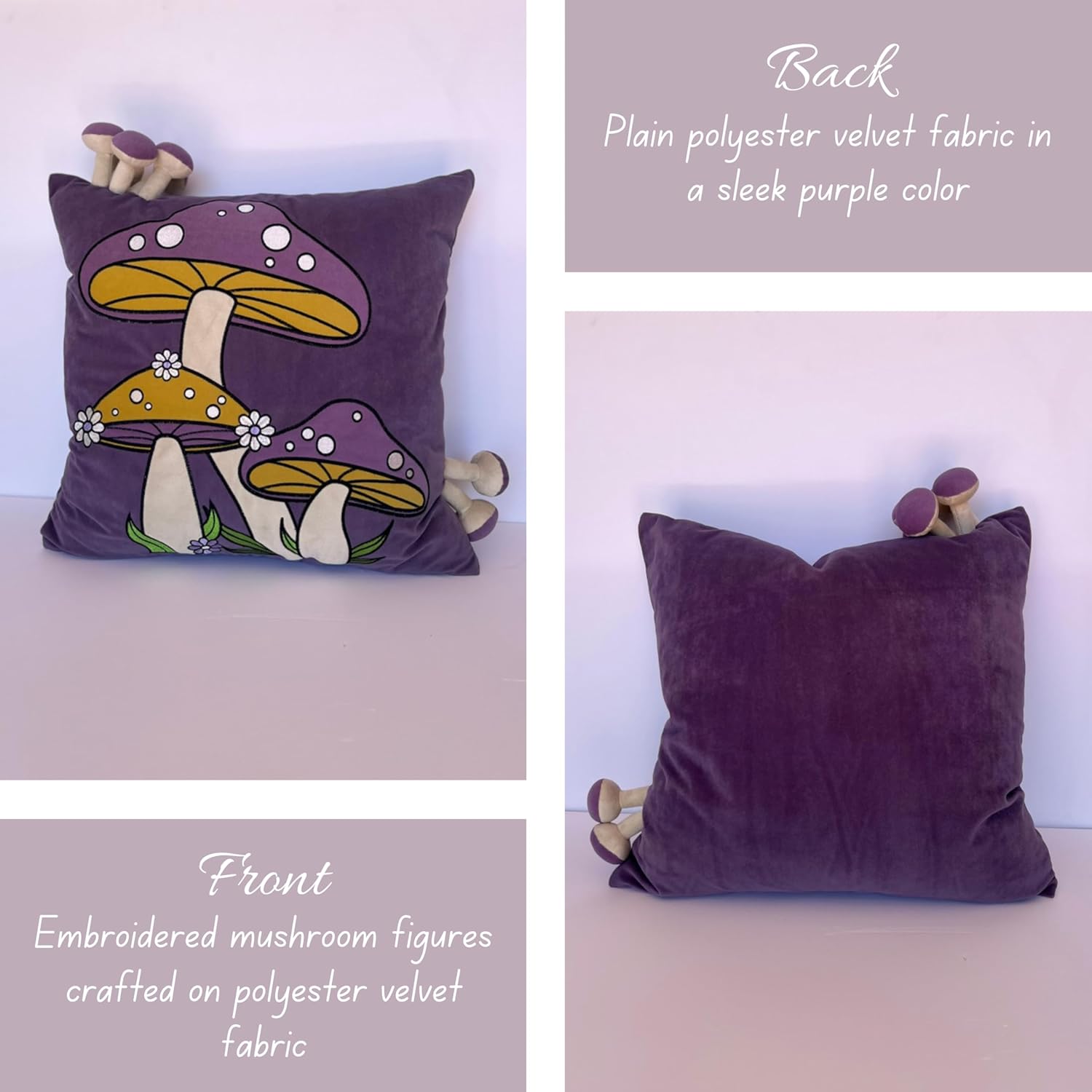 Mushroom Pillow Cover with Seven Small Mushroom Plush Sewed in, Polyester Velvet, 18 x 18 Inches, Decorative Throw Pillow Cover for Home Decor (18 x18, Purple)