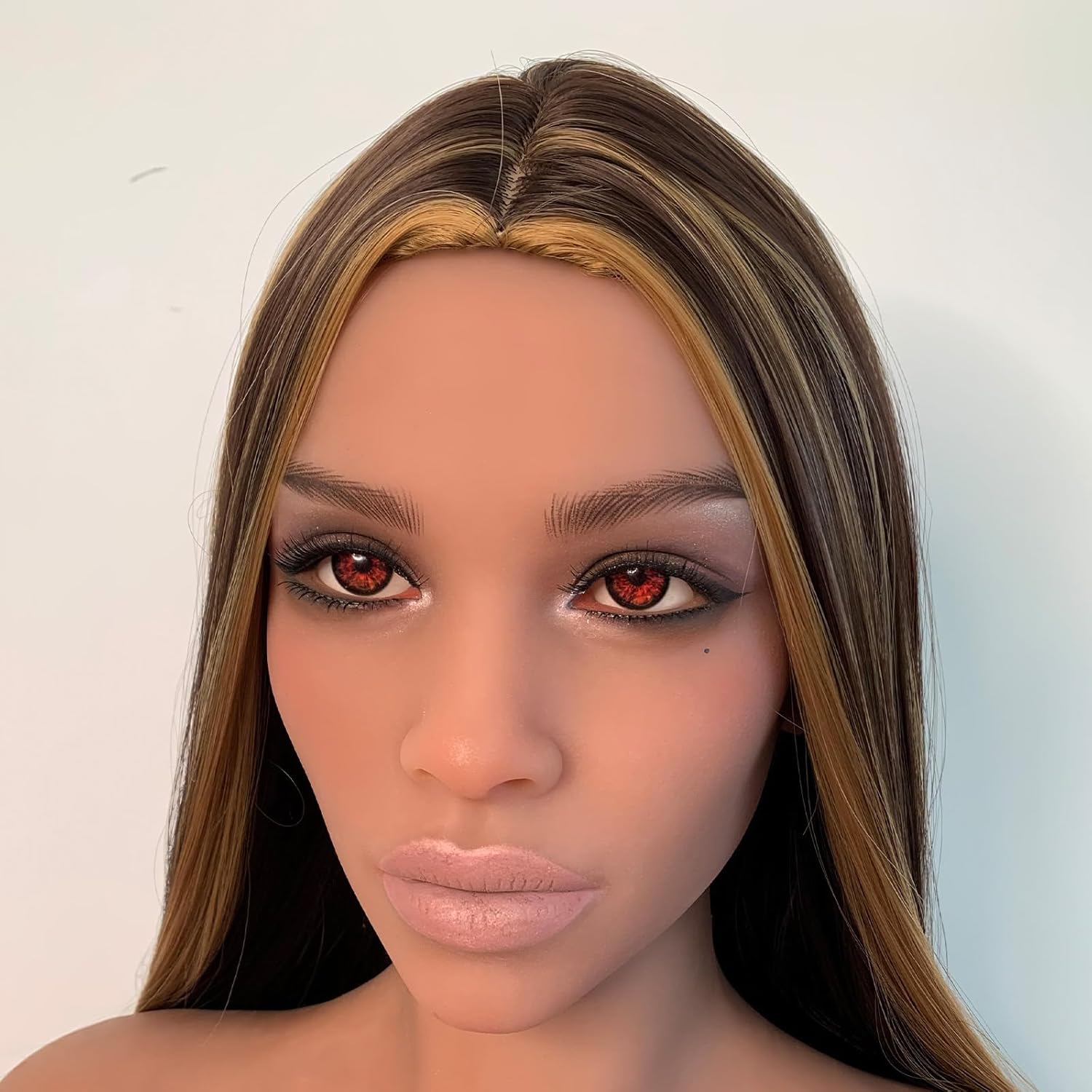 Mannequin Head Makeup Doll Head with 2 Hair Wig Life-Size Soft TPE Doll Part Accessories, Brown Red Eyeball Snap or M16 Studs Fixed (Brown Color)