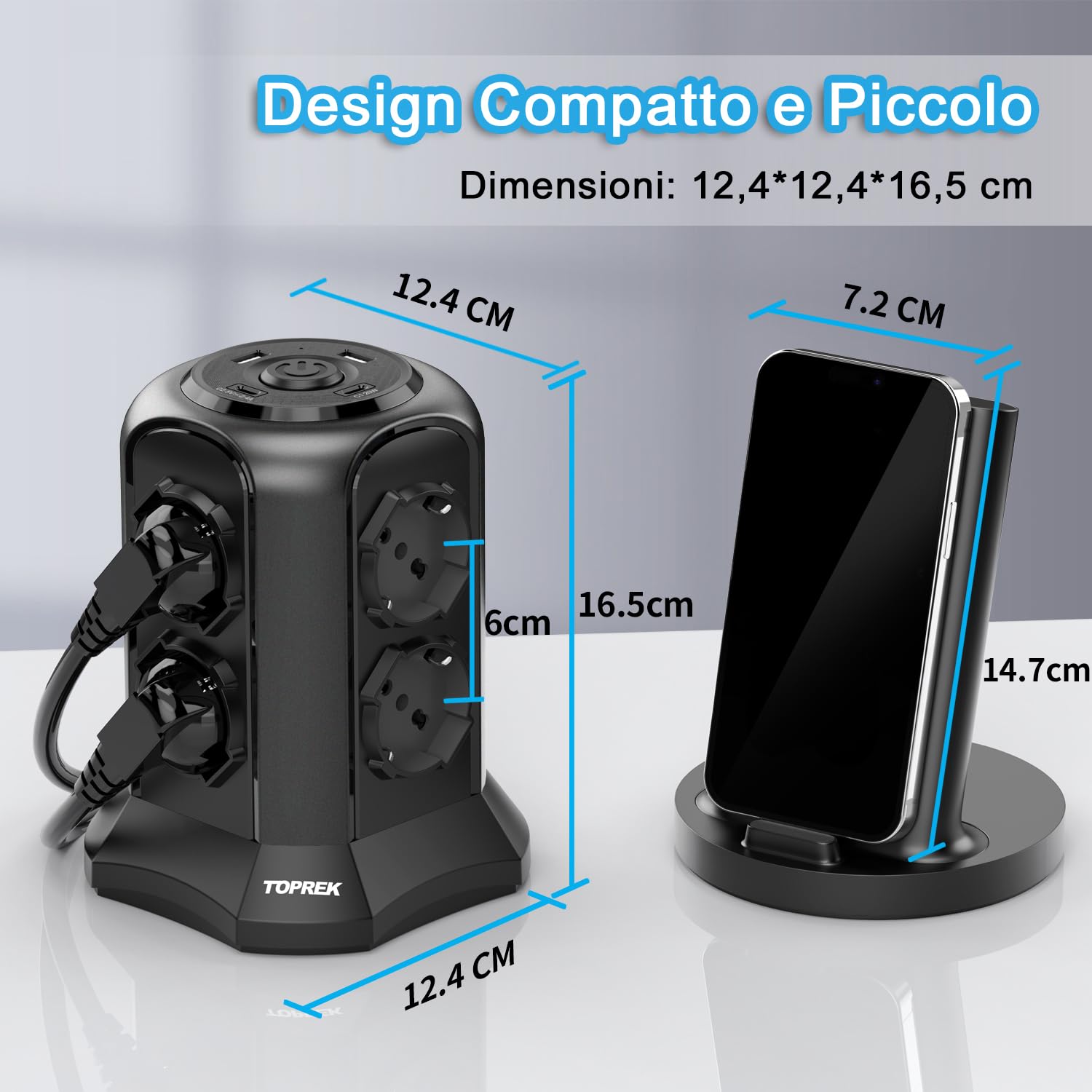 TOPREK Pionowe gniazdo wtykowe z 8 uniwersalnymi gniazdami ITA 10/16A i Schuko i 2 USB C i 2 USB A (1 20 W PD3.0 Szybkie ładowanie), kabel 5 m, 4000 W/16 A, listwa zasilająca z przełącznikiem, wtyczka