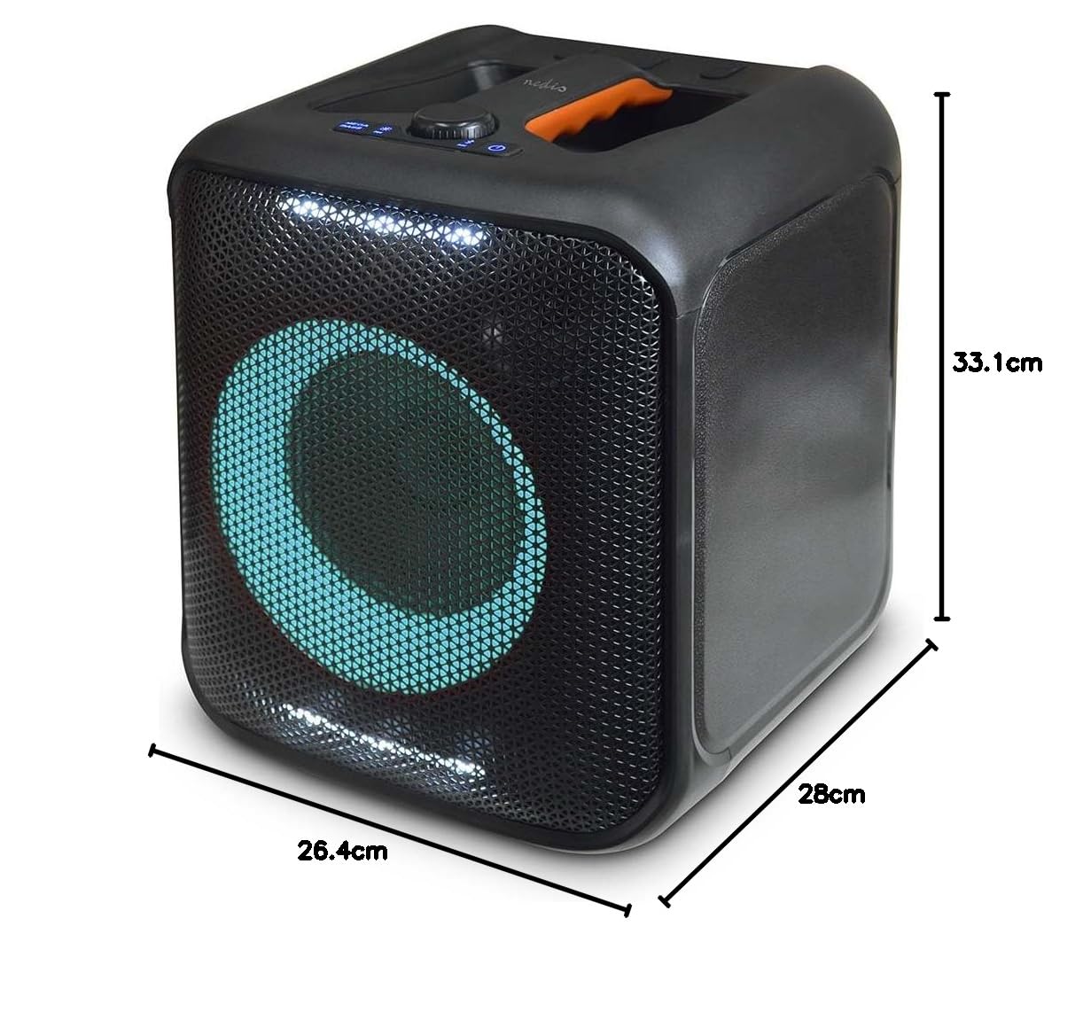 Nedis Altoparlante per feste Bluetooth - massimo tempo di riproduzione: 5 ore - 150 W - Maniglia - Luce per feste - Collegabile - Equalizzatore - Arancione/Nero