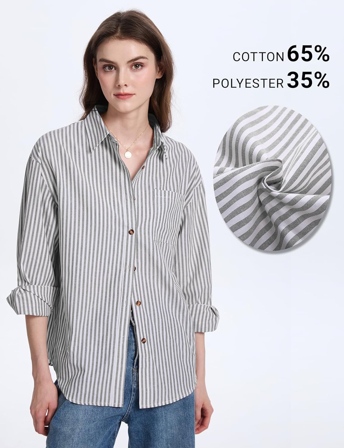 PEHMEA Women's Striped Button Down Shirts Long Sleeve Cotton Blouse with Pocket for Casual Office Daily - Image 3