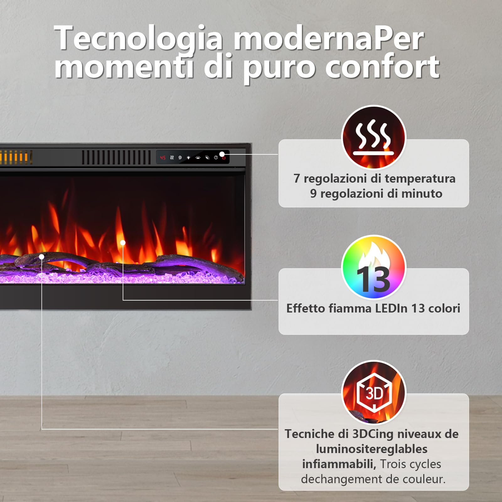 Camino elettrico da 50 pollici 127 cm 3D effetto fiamma telecomando senza batteria