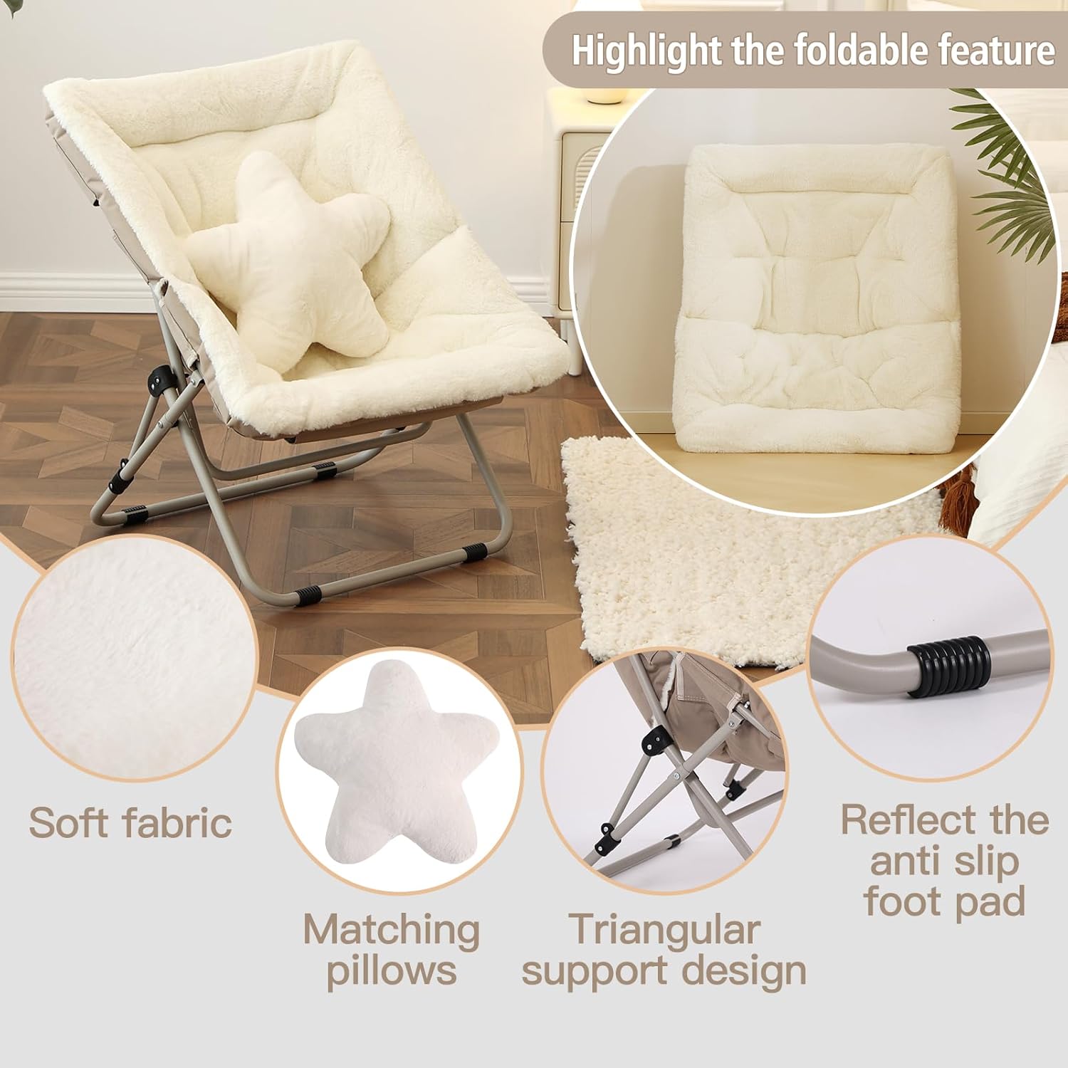 Welnow Comfy Saucer Chair with Ottoman, Oversized Folding Reading Chair for Adults with Throw Pillow Soft Faux Fur Lounge Chair for Bedroom Furry Accent Chair for Living Room, Dorm Rooms, Beige