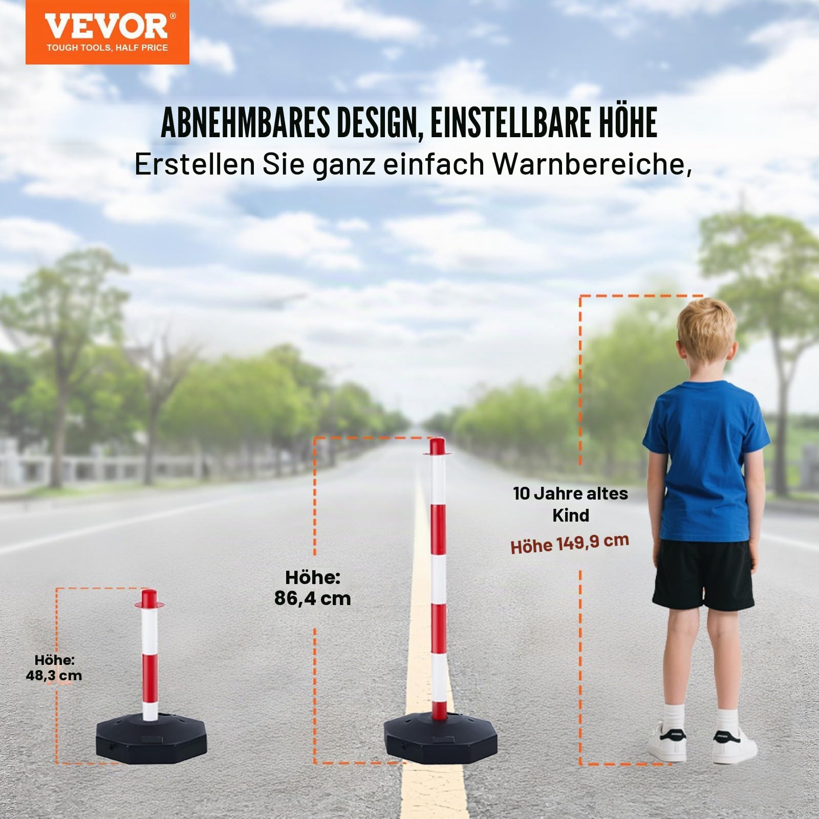 VEVOR Set von 4 Absperrpfosten und 1 Kunststoff-Kette von 10 m Rot und Weiß, Sperrpfosten, Poller Aus PE-Kunststoff für die Verkehrskontrolle oder Warnung an der Auffahrt, Garage, dem Tor usw. Rot