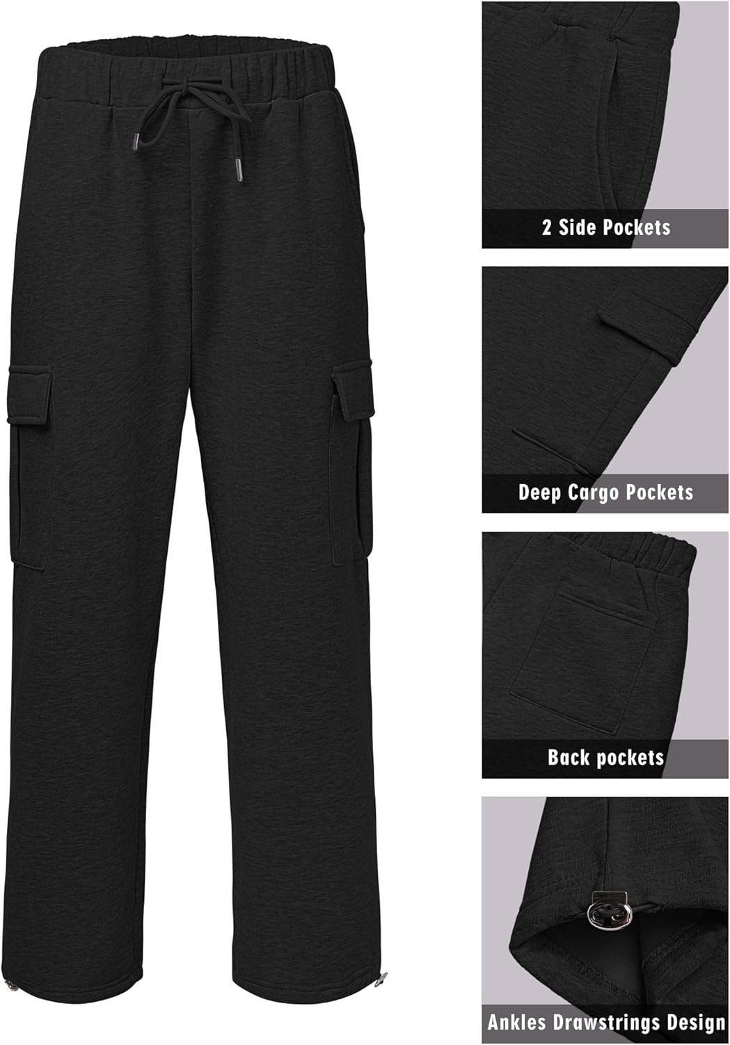 Men's Fleece Cargo Sweatpants Loose Fit Cotton Joggers with 5 Pockets Open Bottom for Gym Hiking Casual Wear - Image 4