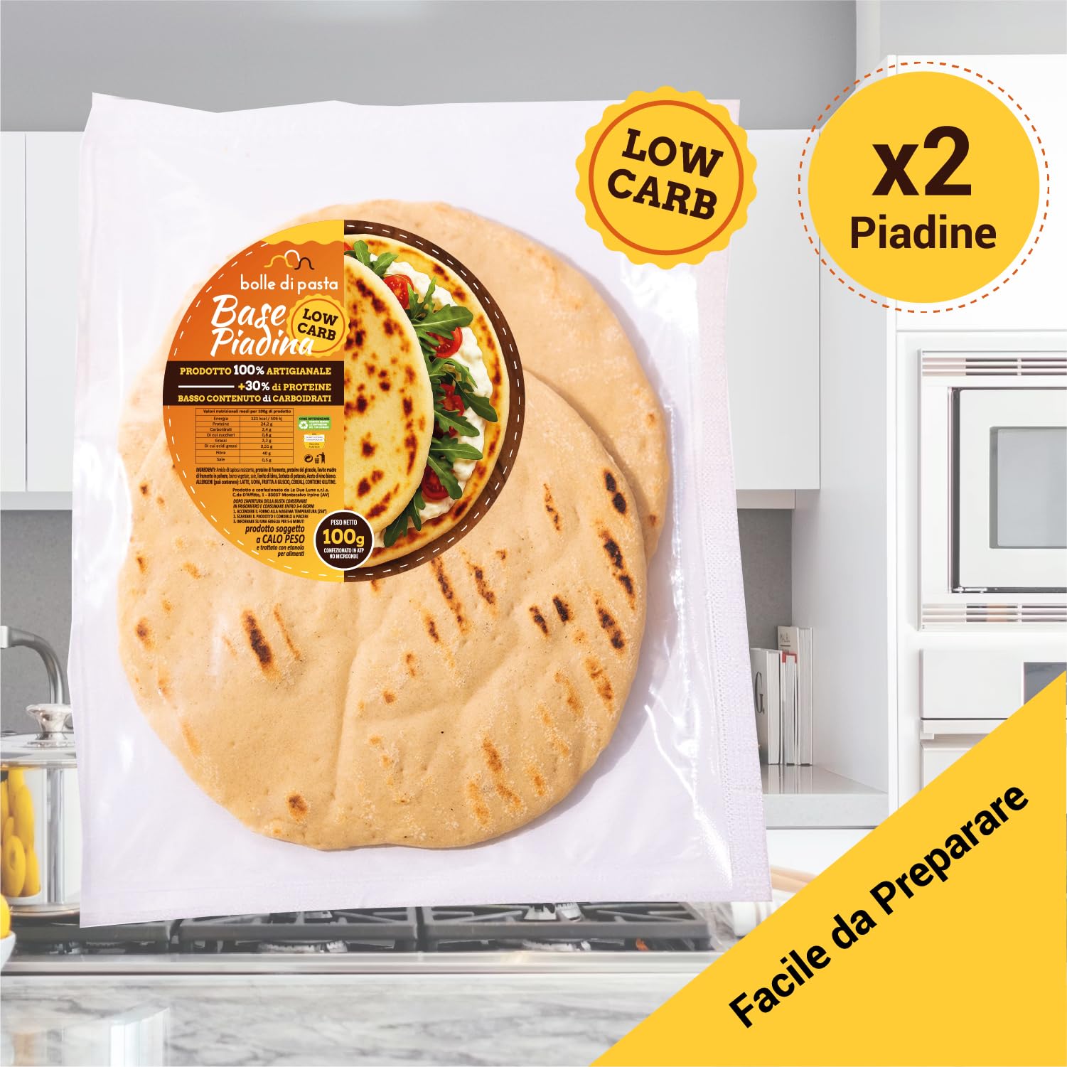 Bolle di Pasta® Base Piadina Low Carb Keto – Piadine Proteiche 100 g – +30% Proteine, Basso Contenuto di Carboidrati – Ideale per Dieta Low Carb e Chetogenica – Piadina Artigianale (3 Confezioni)