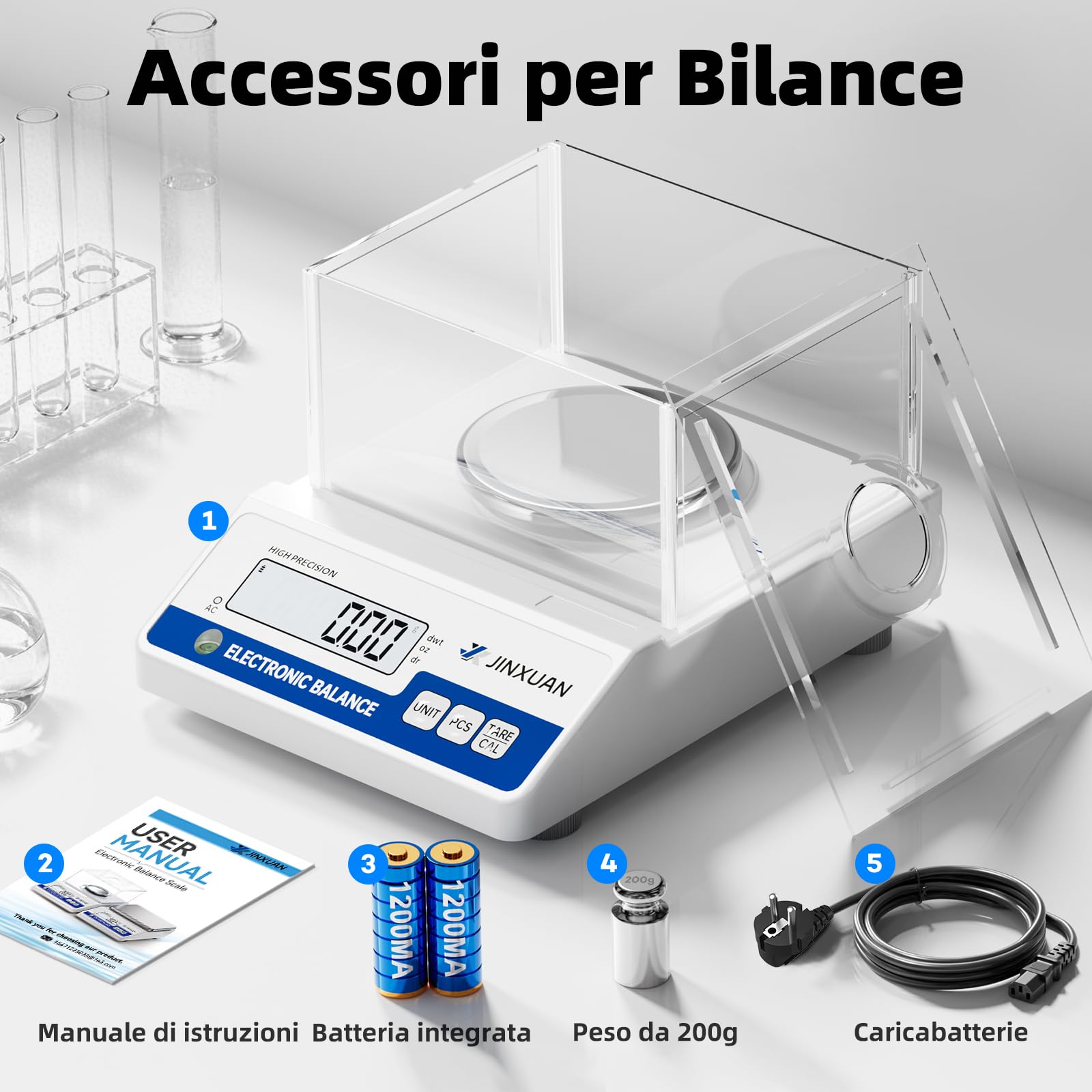 Bilancia da laboratorio 500 g x 0,001 g, bilancia analitica mg, bilancia di precisione per gioielli, con una precisione di 0,001 grammi