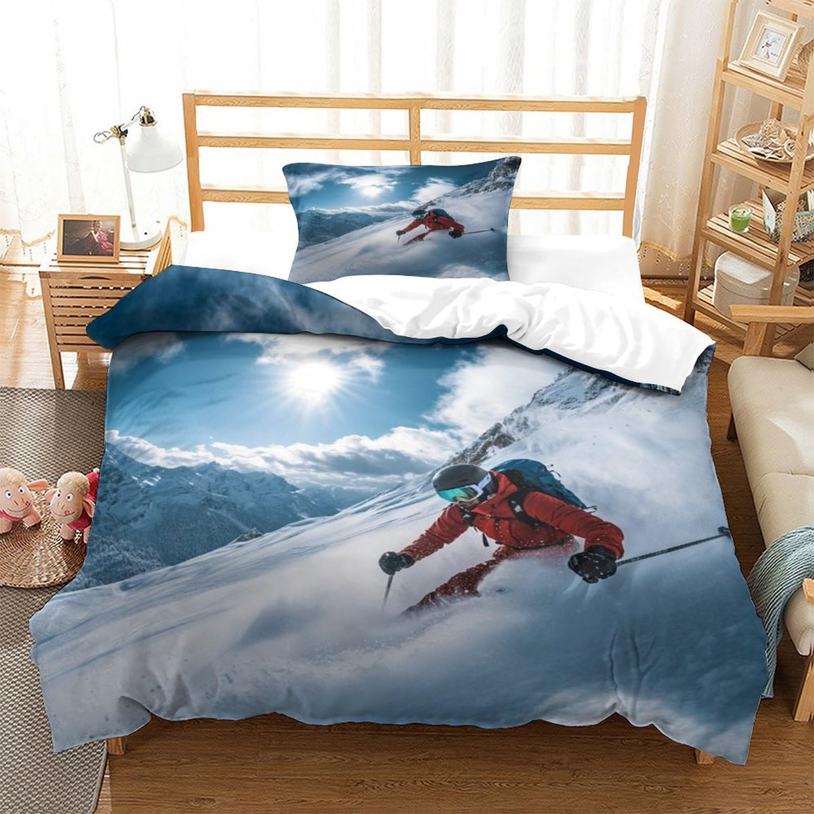 LILIlaobiao Alpine Skiing Duvet Cover Single（135x200cm）, Freestyle Skiing Quilt Cover Bedding Set Soft & Cozy Percale Weave, Freestyle Skiing Comforter Cover with Zipper Closure for Kids & Adults