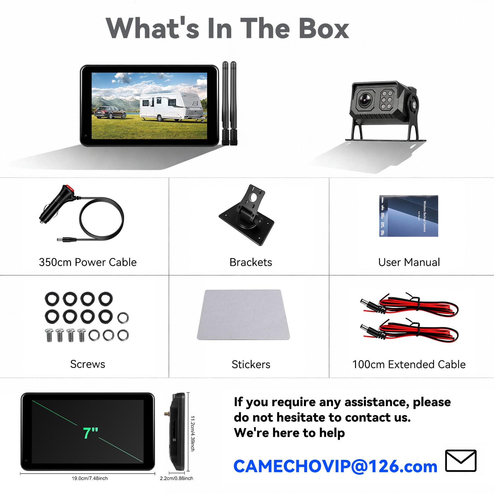 CAMECHO 7'' WIRELESS Telecamera Posteriore con monitor e IP68, Visione Notturna DVR Telecamera Posteriore per auto con Ingrandisci/riduci il filmato, Schermo diviso, BSD, Slot per scheda SD