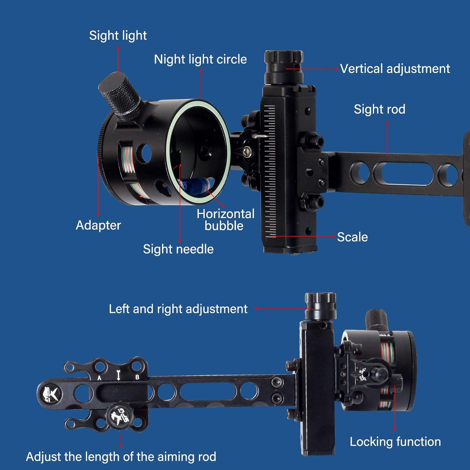Archery Compound Bow Sights - 1 pin or 5 pins Bow Sight with 8X Scope Lens Right Hand No Tools for Quick Adjustment for Outdoor Hunting