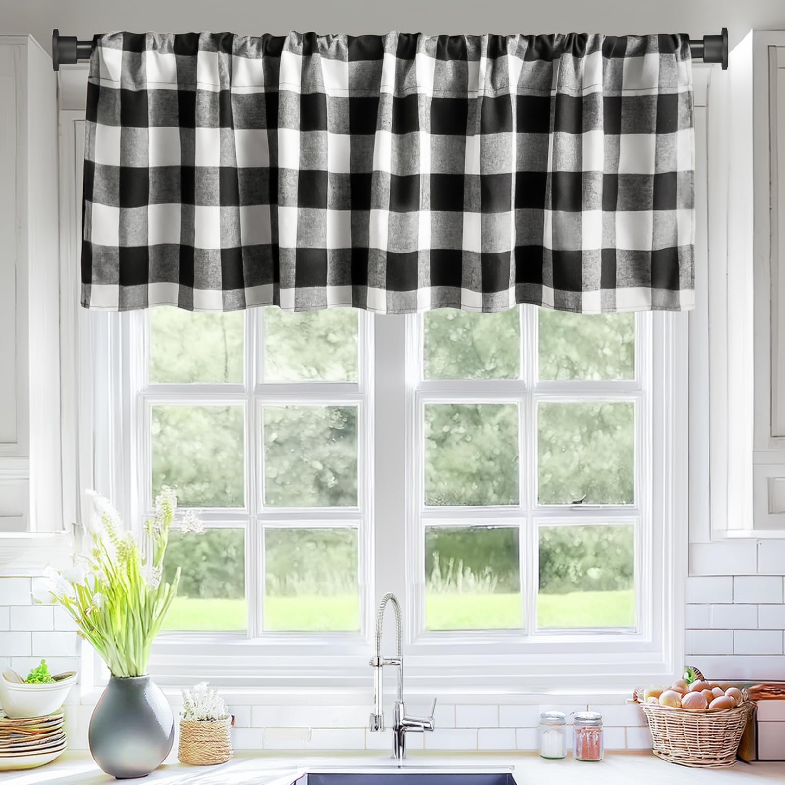 2 Pack Buffalo Check Plaid Window Valances White and Black Light Filtering Farmhouse Design Window Curtains Decor Treatment Rod Pocket Drapes for Kitchen/Living Room 56" x 16"