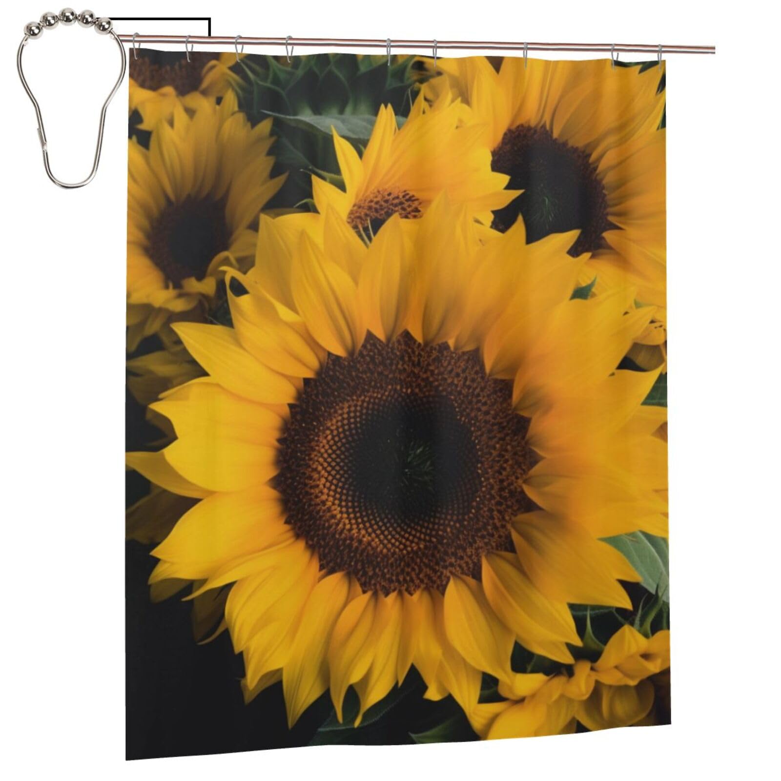 BWWHCCTI Yellow Sunflower Printed Shower Curtain With 12 Iron Hooks Opaque Quick Drying Waterproof Shower Curtains Sets For Bathroom 152x183 Cm