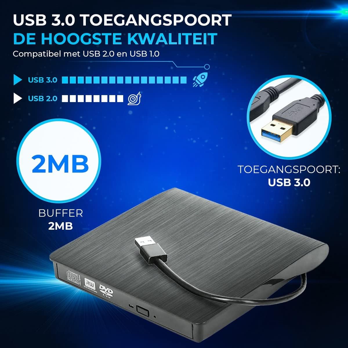PuroTech External DVD/CD Player with USB 3.0 cable