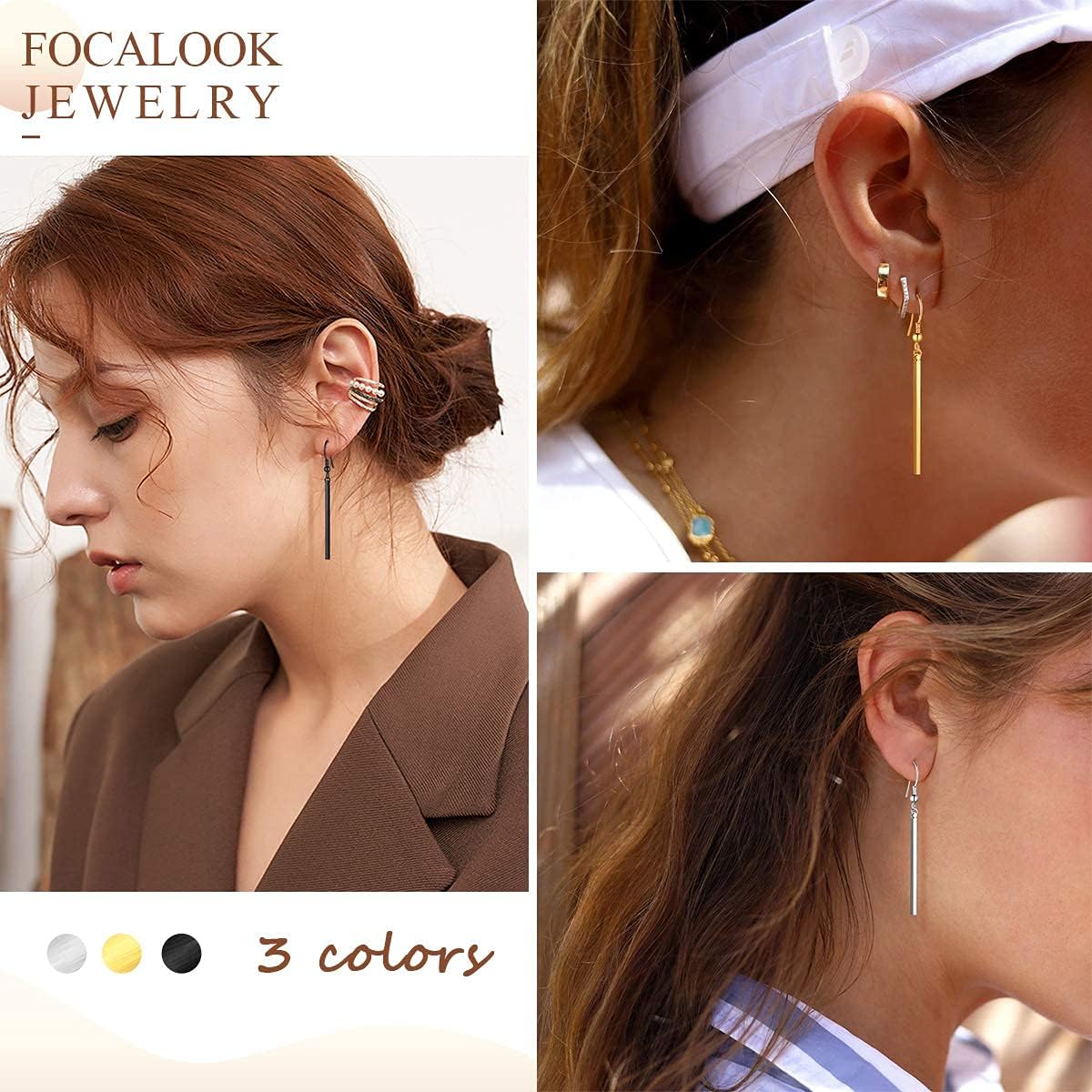 FOCALOOK Long Vertical Bar Dangle Earrings for Women Hypoallergenic 14K Gold Plated/Black/Silver Circle Hoop Bar Drop Earrings (With Gift Box) - Image 3
