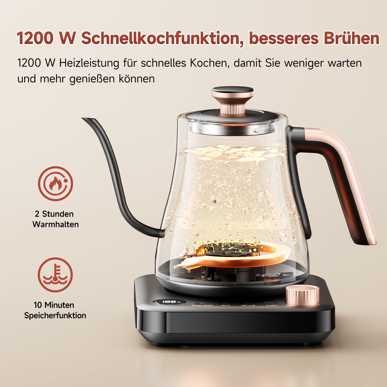 OLEGA wasserkocher schwanenhals: 1200W wasserkocher mit temperatureinstellung, 0.8L Edelstahl schwanenhals wasser kocher, LED-Anzeige & Warmhaltefunktion kettle, Geeignet für Kaffee und Tee, schwarz