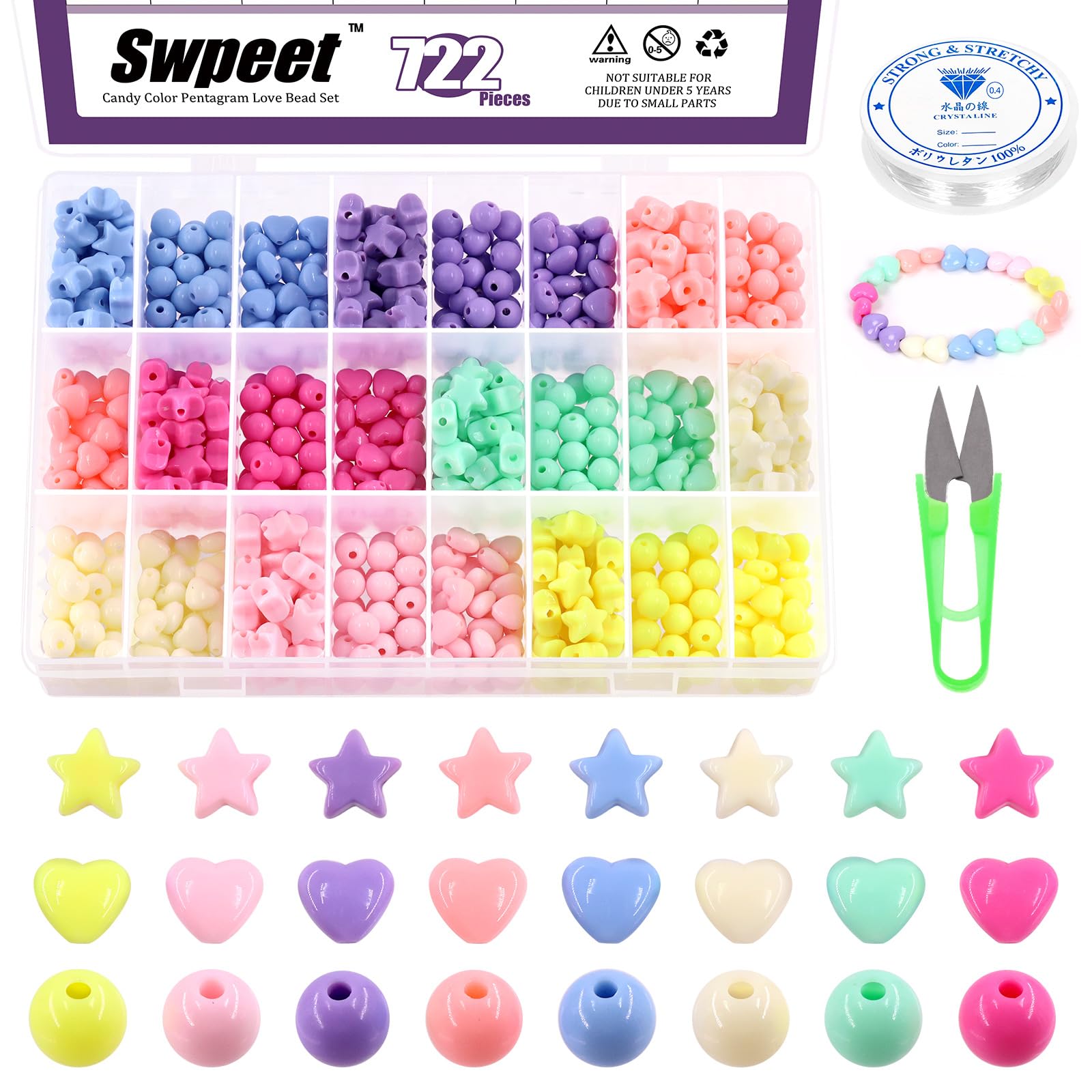 Swpeet 722Pcs 8 Candy Colors 7/11mm Acrylic Beads Colorful Plastic Cute Loose Beads Star Heart Round Beads Kit Includes Elastic Strings, Scissors for Girls Bracelets Jewelry Making DIY Crafts