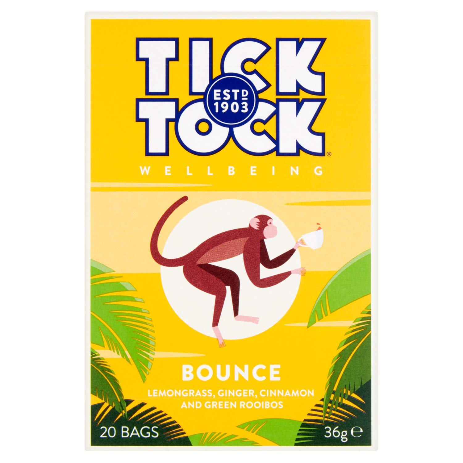 Tick Tock Bounce herbal tea blend with rooibos. Caffeine free, Refreshing and vibrant with uplifting kick. 20 bags