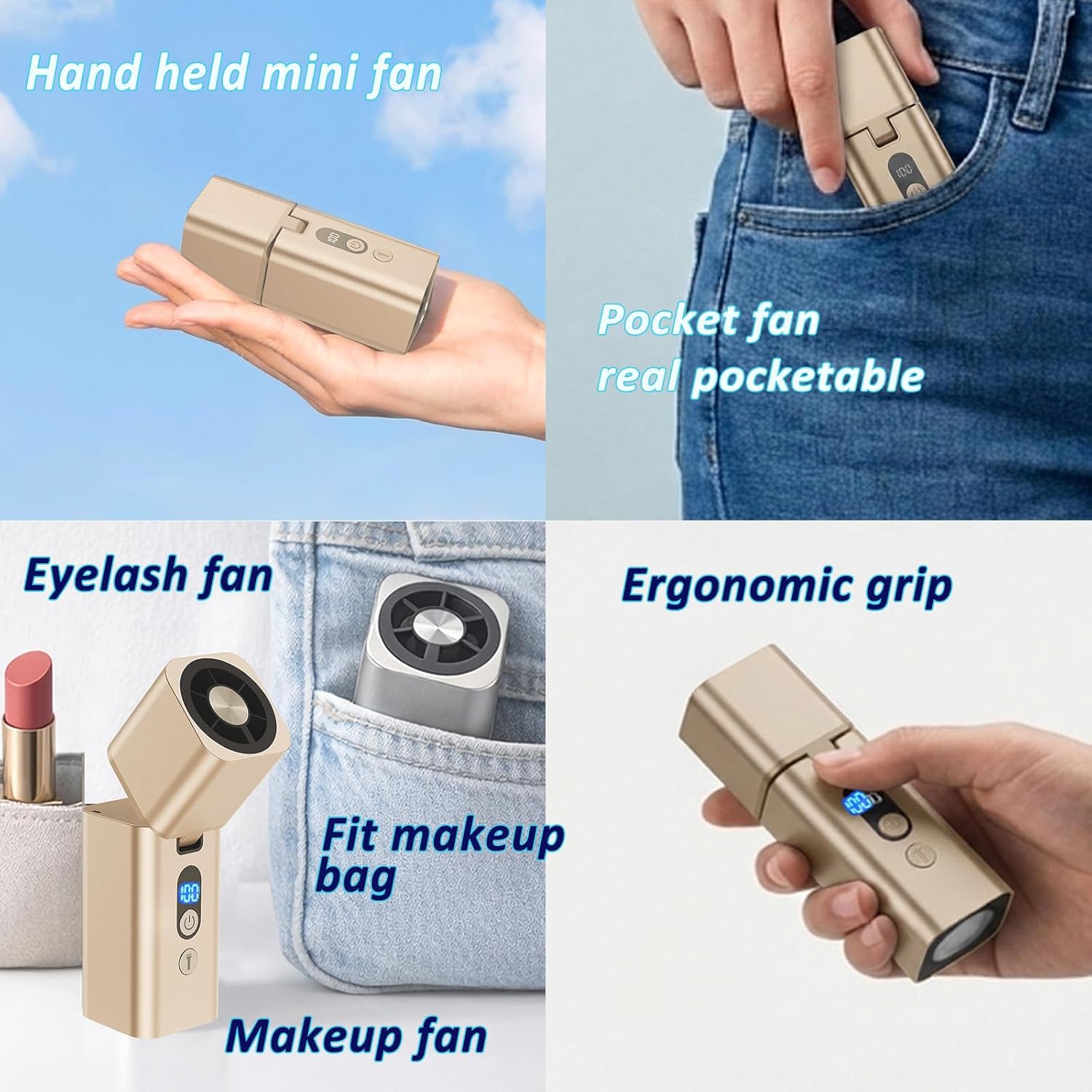 Metal Portable Mini handheld fan 1-100 speed 15000PRM,Rechargeable Pocket Personal handheld turbo fan 5000mAh with flashlight,Small hand held face fan for Travel Camping Beach,Gifts for Women (Gold)