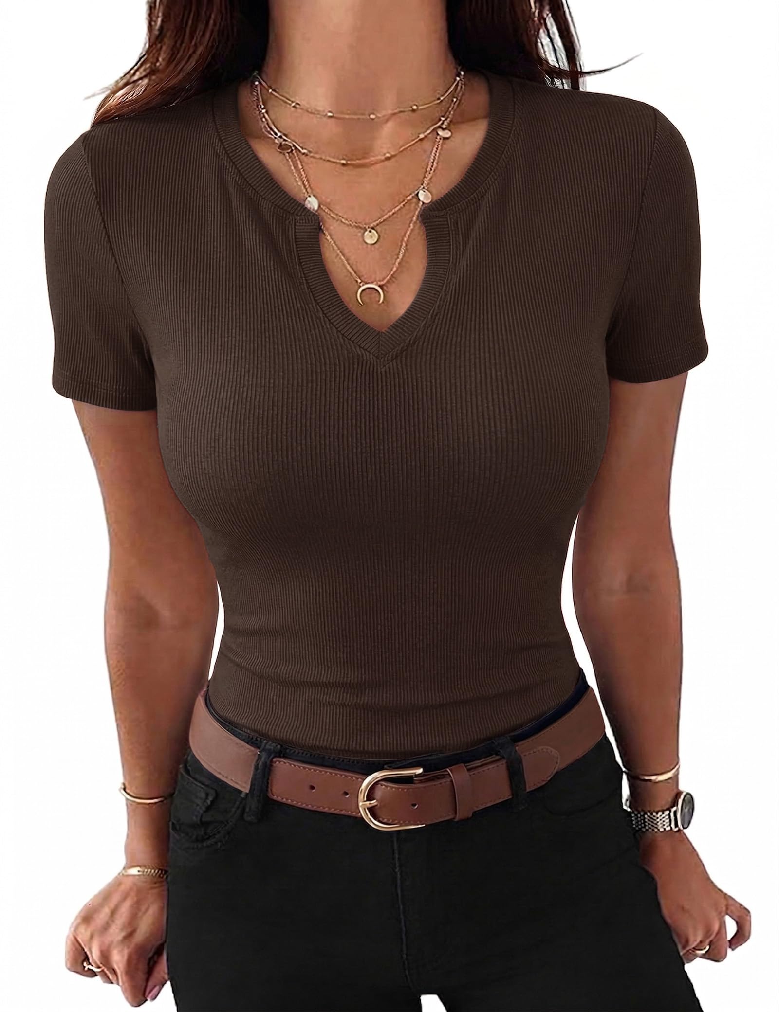 Gyabnw Damen T-Shirt V-Ausschnitt Elegant Gerippt Bluse Oberteil Kurzarm Basic Shirt Casual Sommer Top