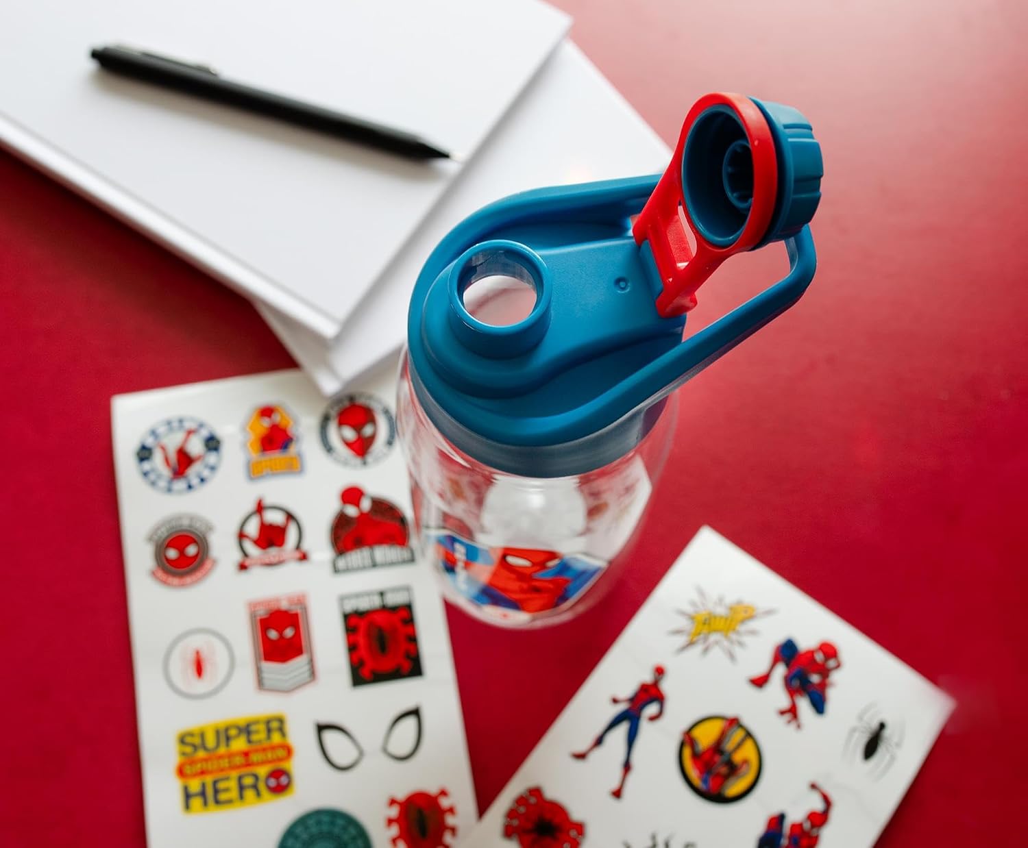 Spider-Man Marvel Comics Hinged Handle Plastic Sports Water Bottle Jug and Sticker Set | Holds 20 Ounces
