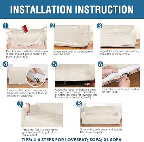 Miniatura 8 de H.VERSAILTEX Funda elástica de terciopelo para sofá de 3 cojines, funda de sofá biplaza de terciopelo elástica para sofá de 2 cojines, marfil