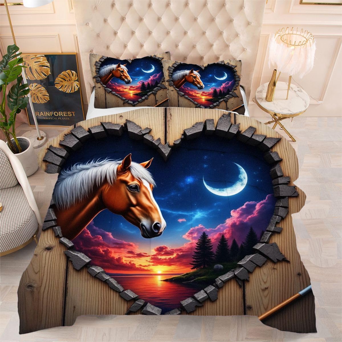Couette 240 x 260 cm Cheval Brun avec 2 taies d'oreiller pour lit double