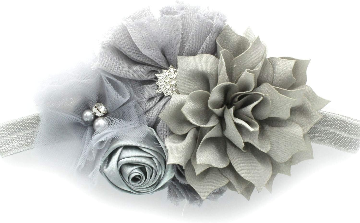 My Lello Headband Shabby Fabric Flower Cluster Baby - Infant - Toddler - Girl Stretchy Elastic Gray