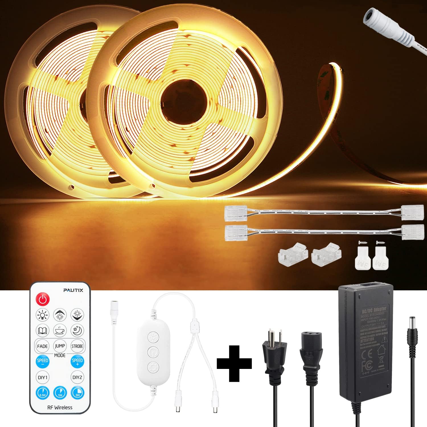 PAUTIX 2-Pack COB LED Strip 20ft/6.1m Warm White 3000K, 2-Way RF Remote Dimmer,24V 5A 120W Power Supply
