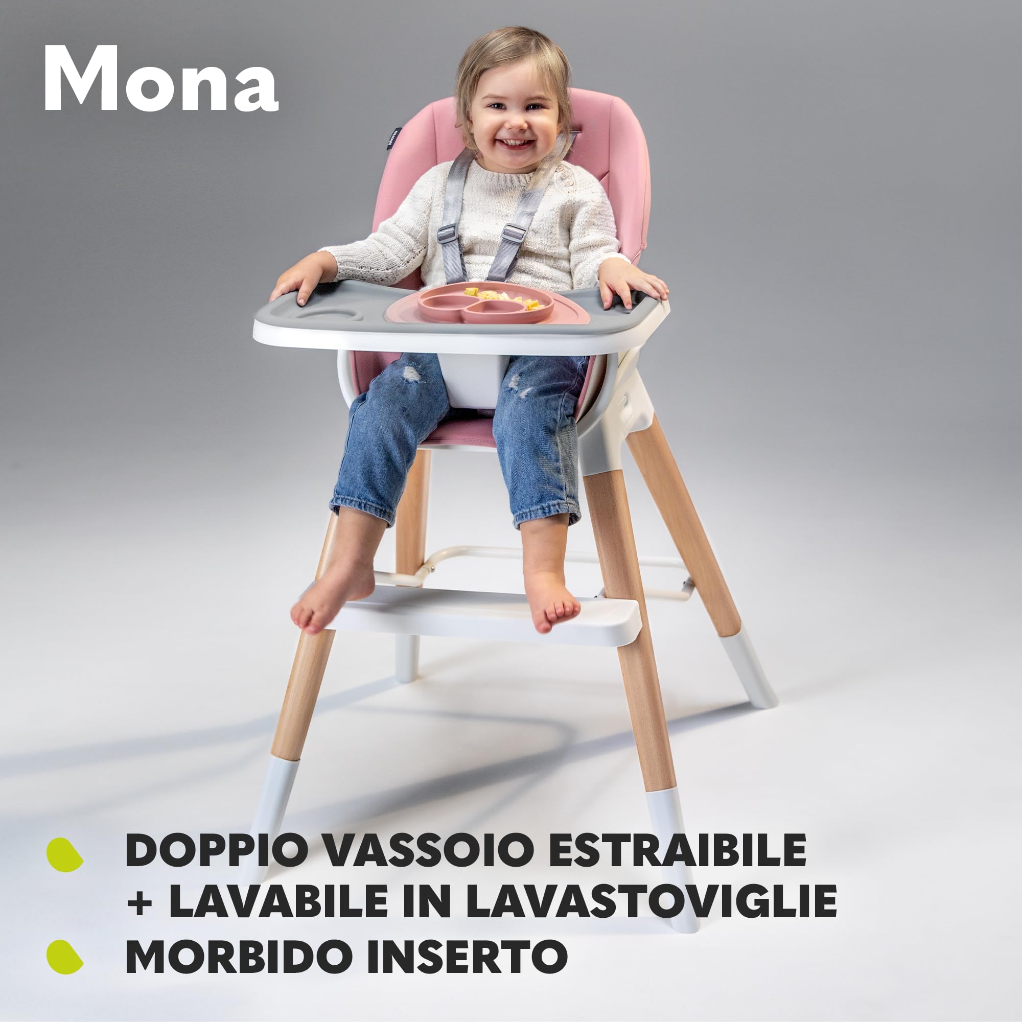 LIONELO Mona Seggiolone Pappa Evolutivo 4 in 1 da 6 Mesi a 75 kg | Vassoio Rimovibile, Cinture a 5 Punti, Poggiapiedi, Feltrini Antiscivolo, Bordi Arrotondati, Sedia e Sgabello