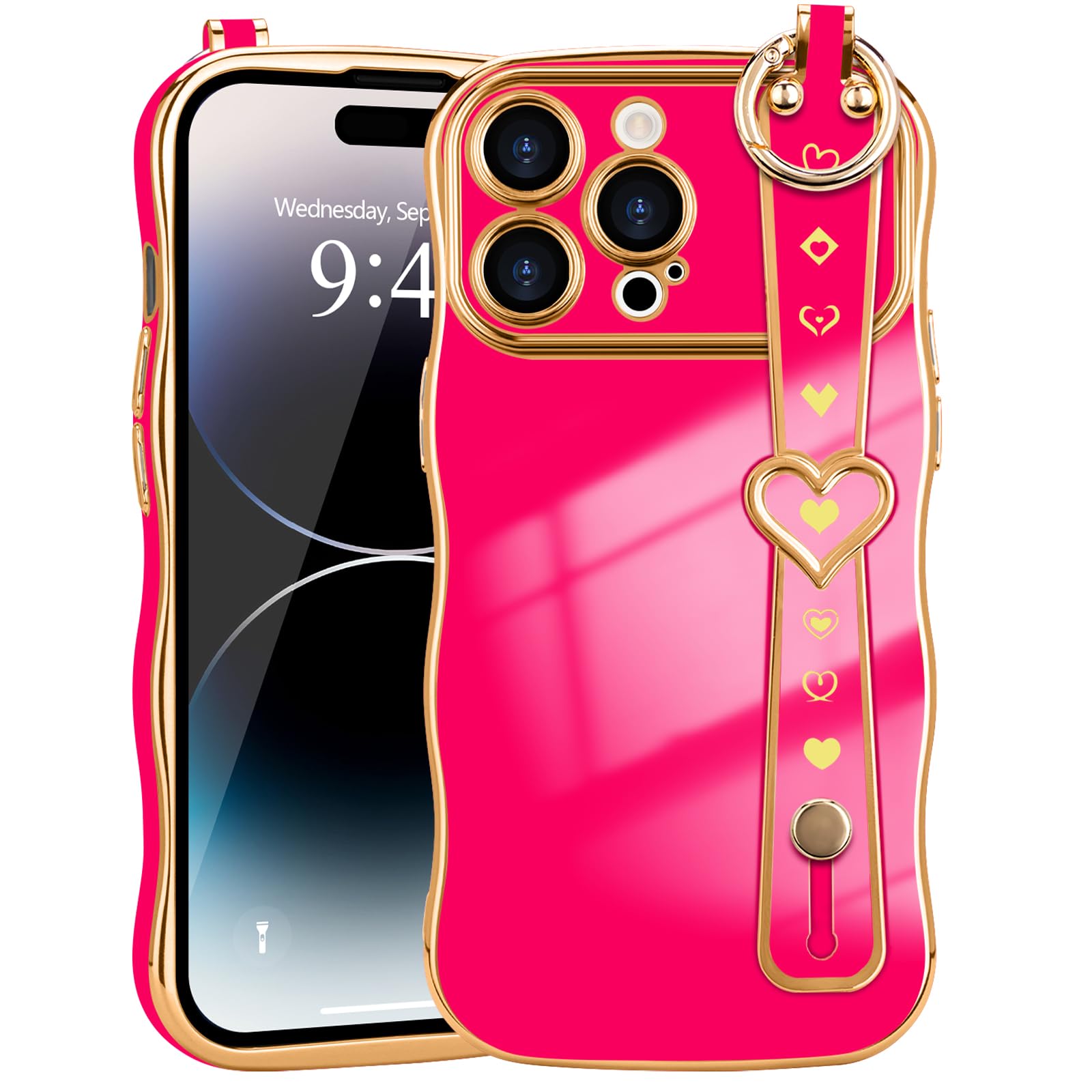 LLZ.COQUE for iPhone 14 Pro Max Case for Women Girls Wave Frame Strap Cute Love-Heart Luxury Plating Cover Raised Camera Protection Shockproof