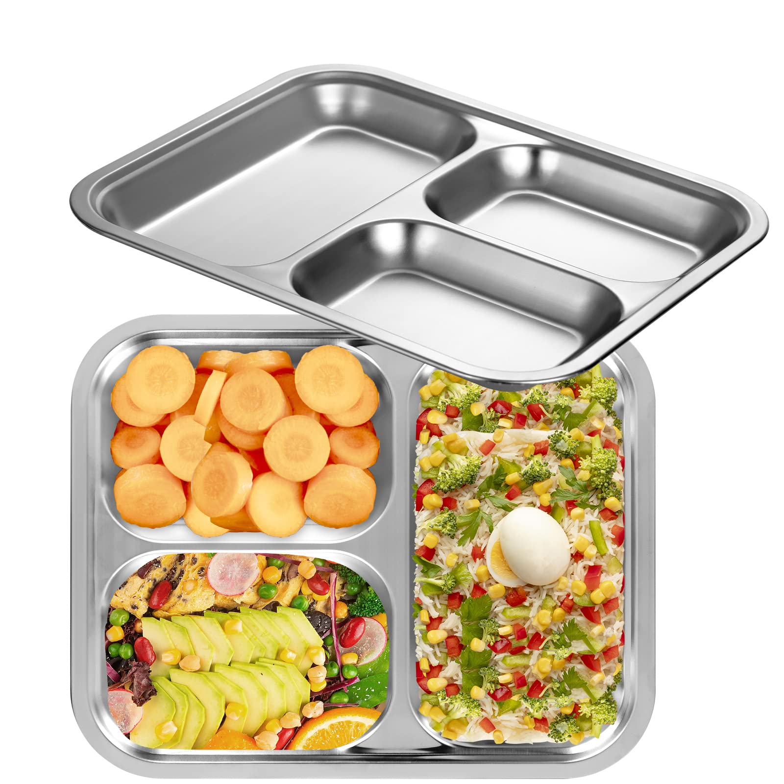 4 Pack 3 Section Stainless Steel Divided Plate Rectangular Tray Portable Dinnerware Camping Dishes Compact Serving Platter Dinner Snack Treat for Lunch Dinner Camping