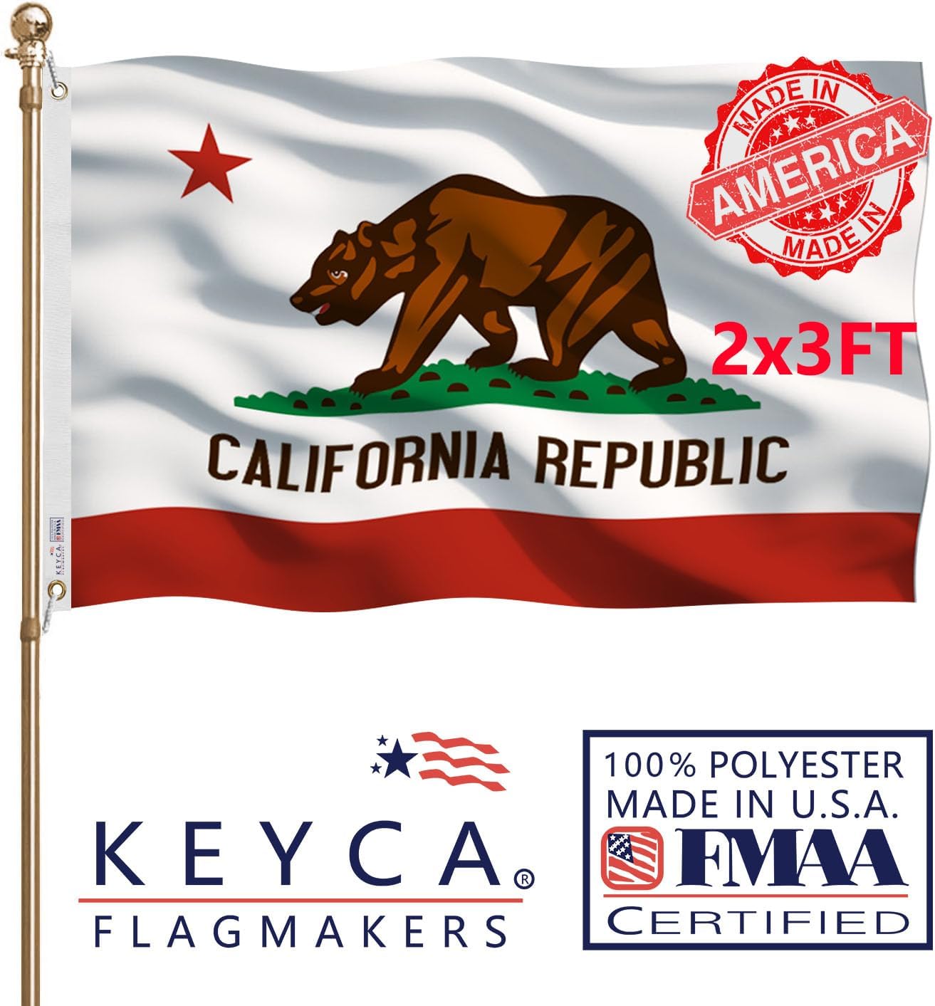California Republic State Flag 2x3 FT Made in The USA-Heavy Duty Vibrant Colors Double Sided Cali CA Flag with 2 Brass Grommets for Home/Company/Indoor Outdoor Decoration